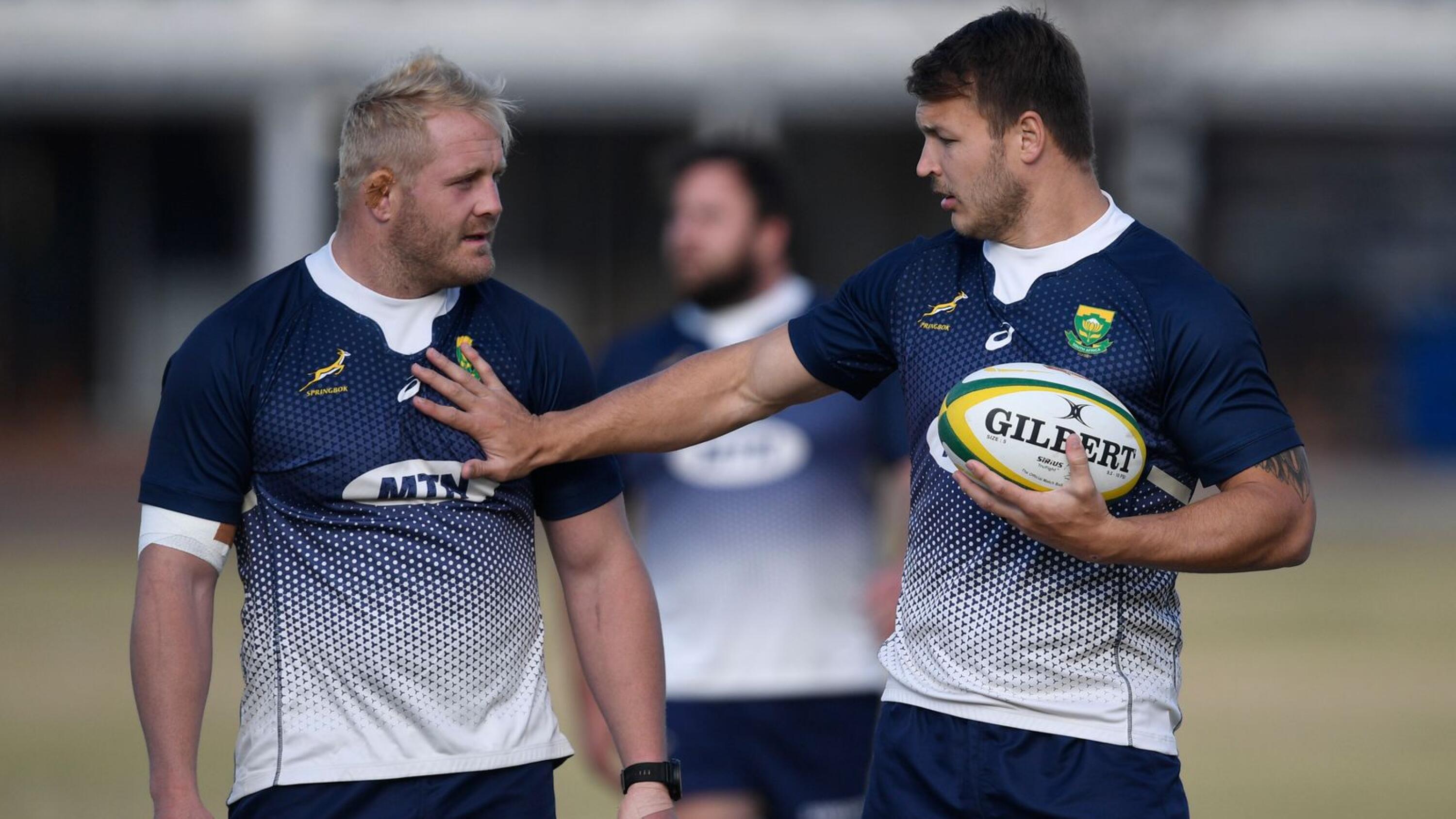 Vincent Koch and Andre Esterhuizen during the Springboks Training at St Stithians College in Johannesburg