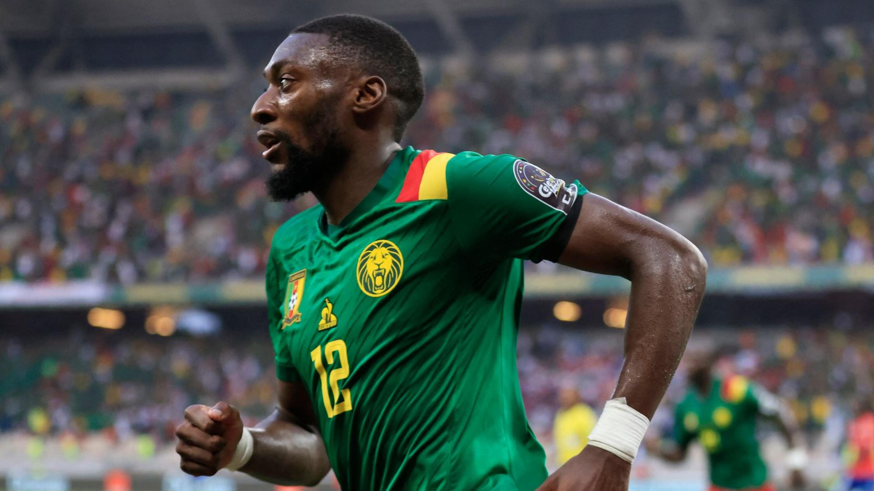 Cameroon's Karl Toko-Ekambi celebrates after scoring their second goal during their Africa Cup of Nations quarter-final clash against Gambia at Stade de Japoma, Douala on Saturday