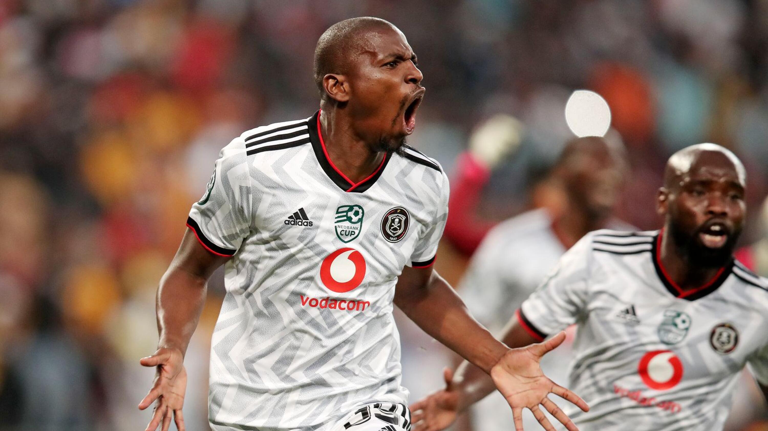 Orlando Pirates’ Sandile Mthethwa celebrates after scoring the winning goal during their Nedbank Cup semi-final against Kaizer Chiefs at FNB Stadium on Saturday