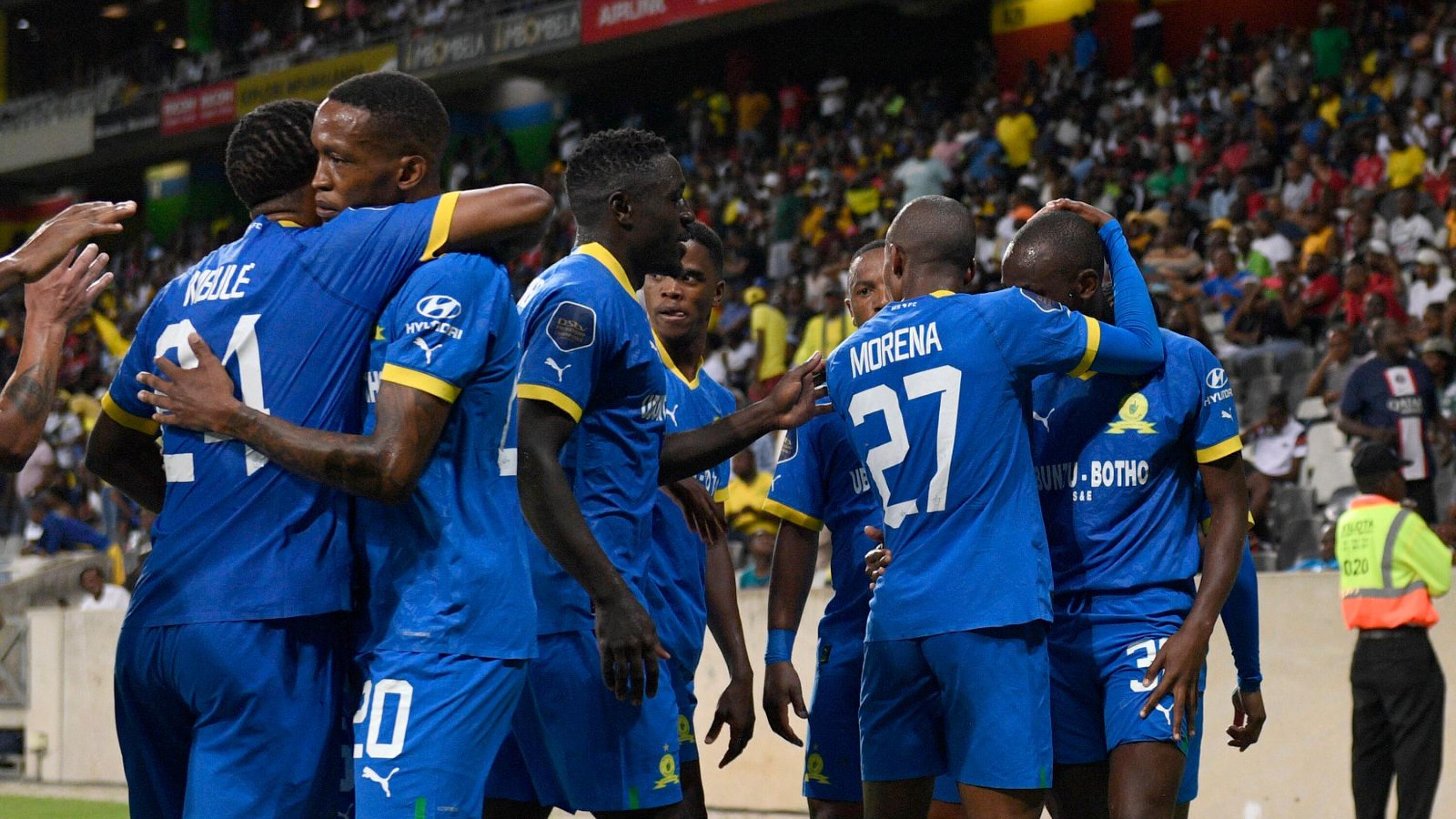 Mamelodi Sundowns’ Peter Shalulile celebrates with teammates after scoring a goal during their DStv Premiership game against TS Galaxy FC at Mbombela Stadium in Mbombela on Tuesday