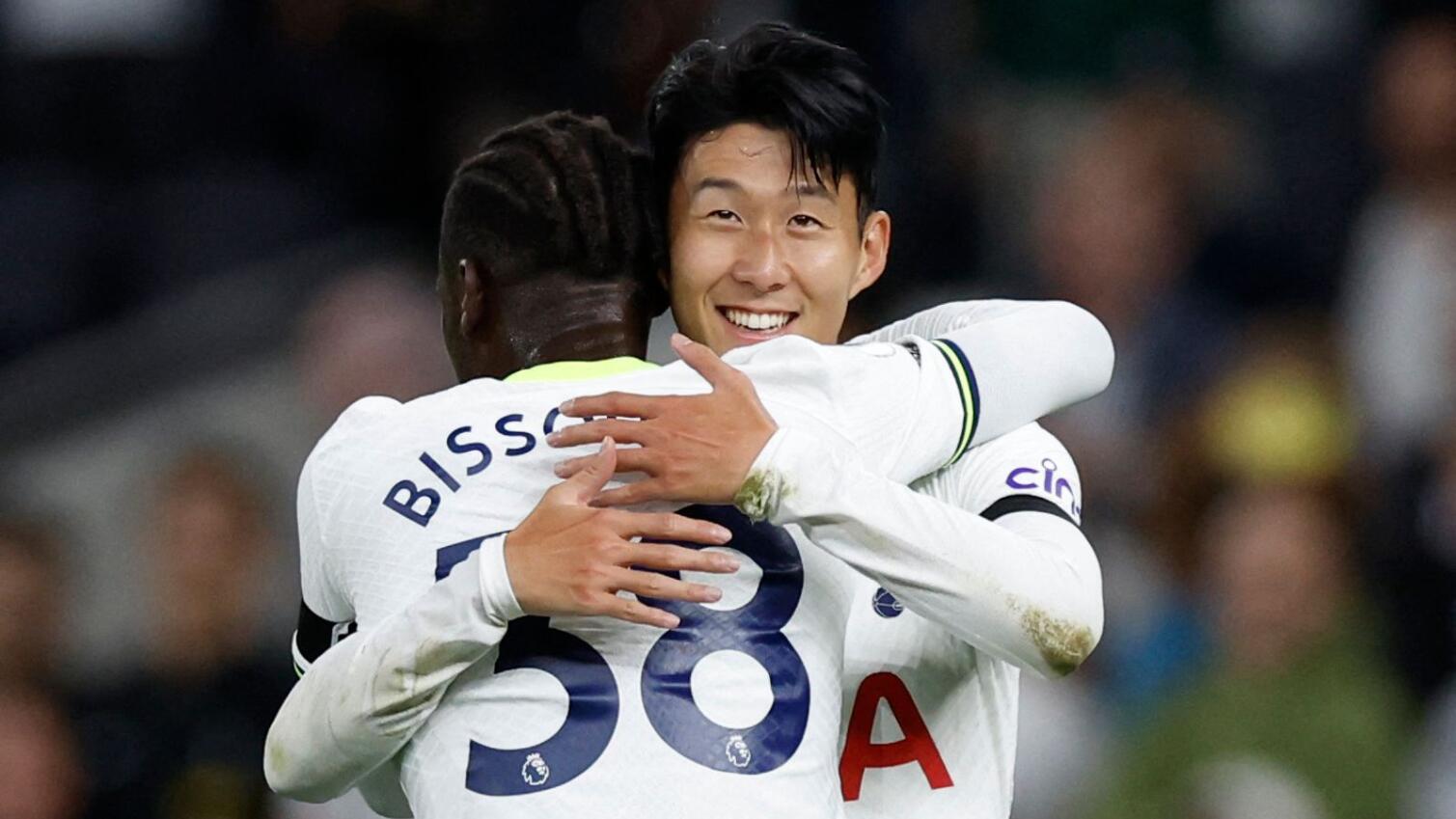 Tottenham Hotspur's Son Heung-min and Yves Bissouma celebrate after their Premier League match against Leicester City at Tottenham Hotspur Stadium on Saturday
