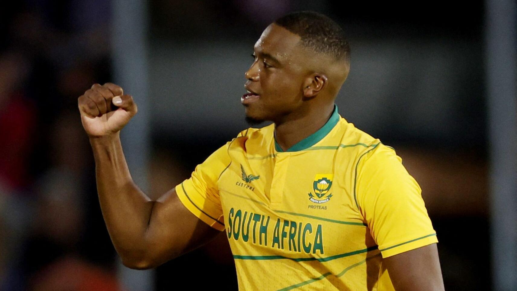 South Africa's Lungi Ngidi celebrates a wicket during a T20 International game against England