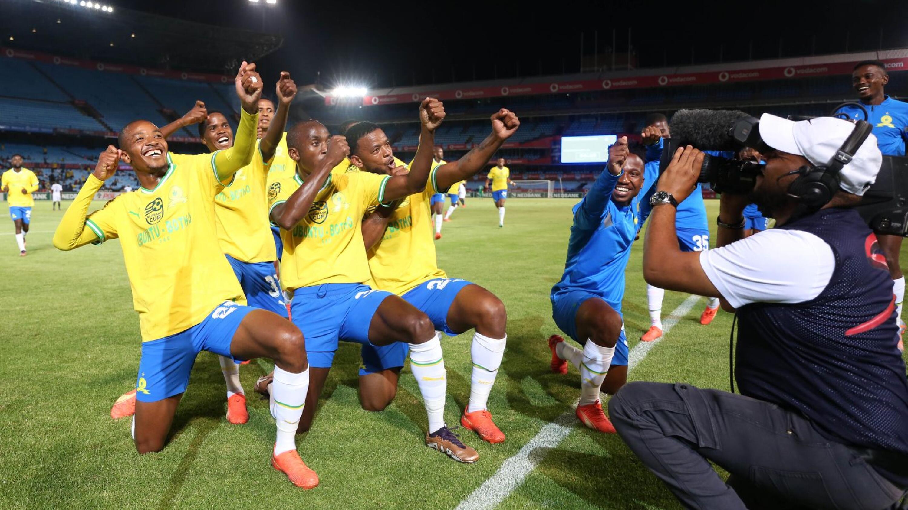 Mamelodi Sundowns players celebrate one of their goals during their Nedbank Cup match against Richards Bay at Loftus Versfeld in Tshwane on Tuesday night