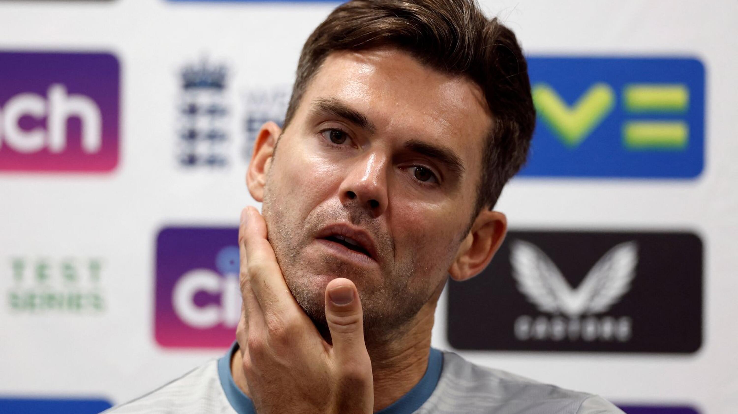 England's James Anderson speaks to the media during a press conference ahead of Wednesday’s first Test at Lord’s Cricket Ground against South Africa