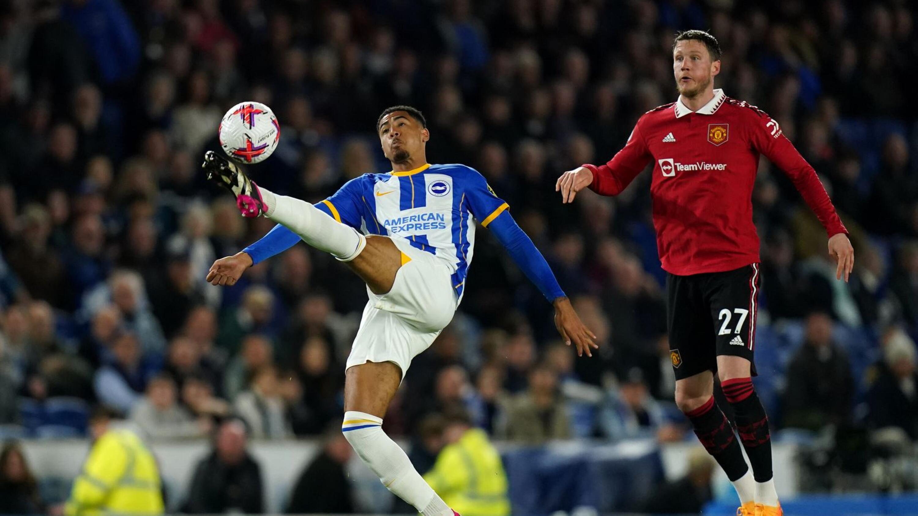 Brighton and Hove Albion's Levi Colwill (left) and Manchester United's Wout Weghorst in action during the Premier League match at the AMEX Stadium, Brighton