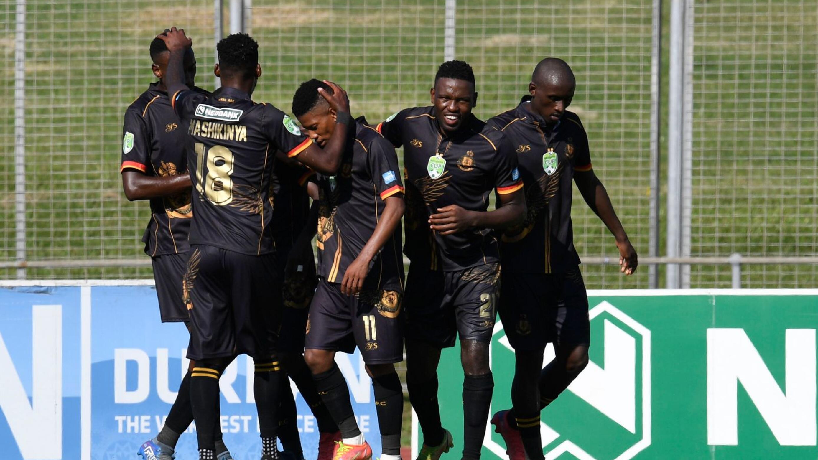 Lantshene Phalane of Royal AM celebrates with teammates after scoring during their Nedbank Cup Last 32 match against Cape Town City at Chartsworth Stadium on Saturday