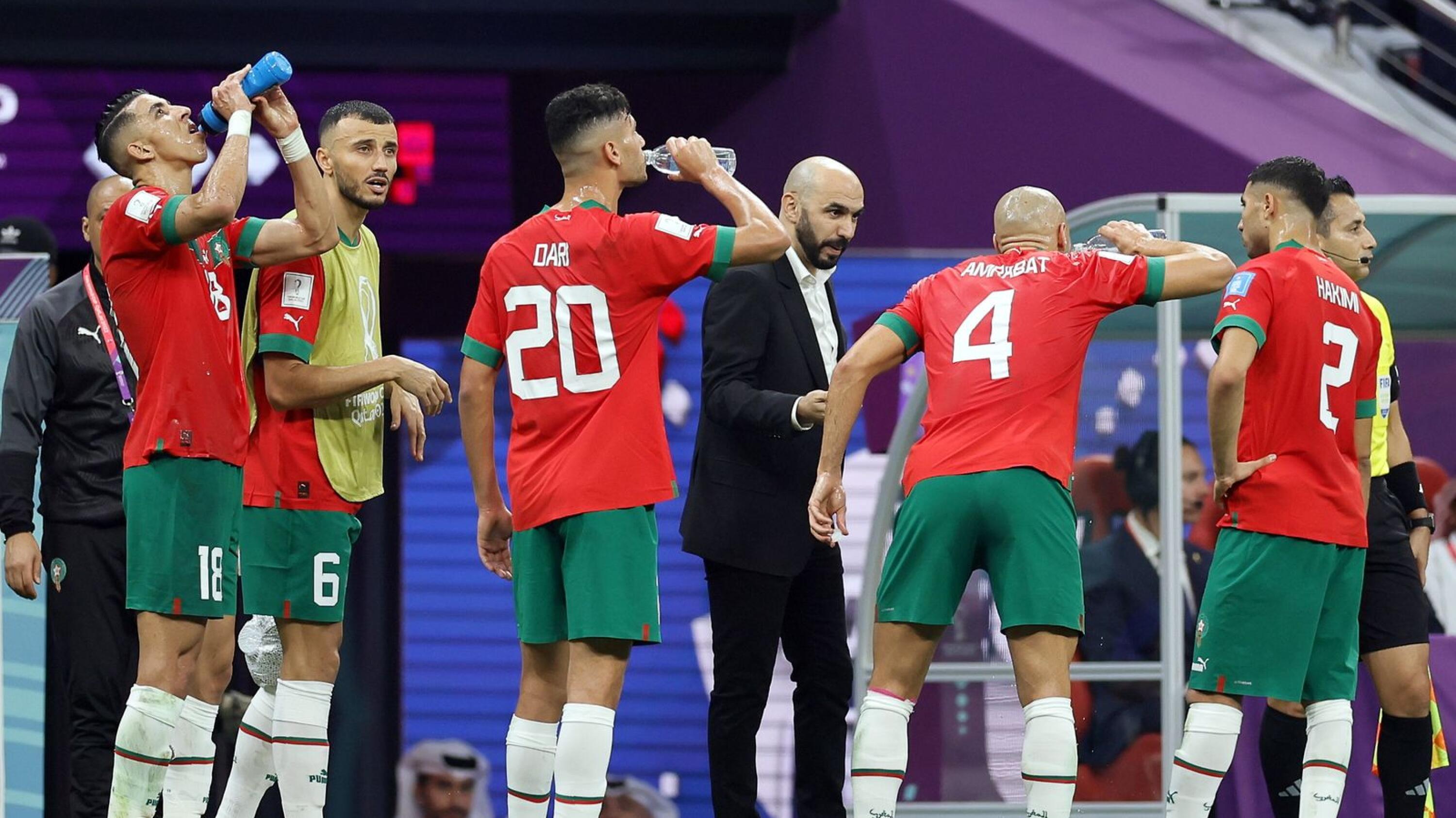 The Morocco team during a break in play at the Fifa World Cup