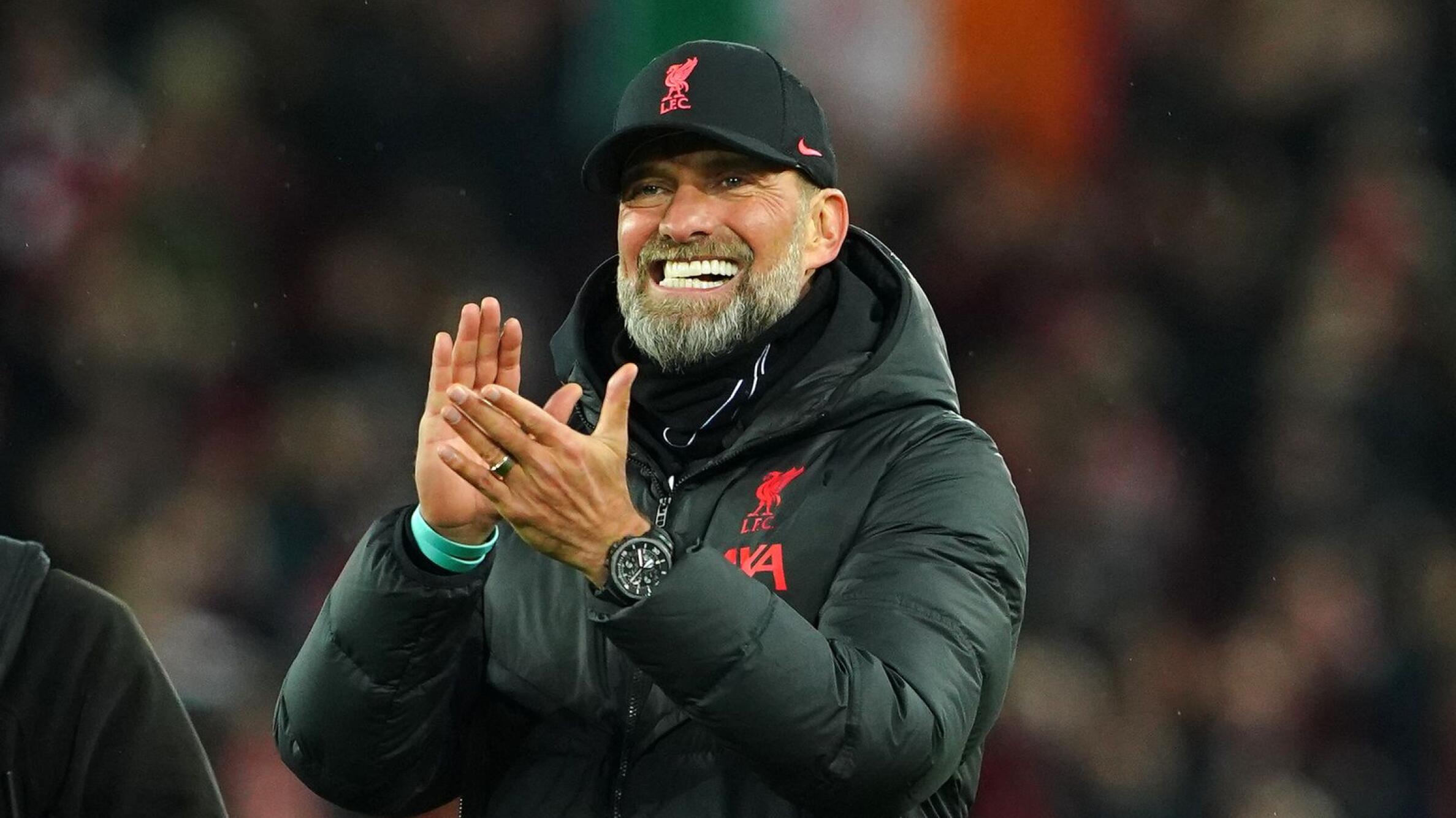 Liverpool coach Jurgen Klopp applauds after his side beat rivals Manchester United 7-0 in their Premier League match at Anfield, Liverpool