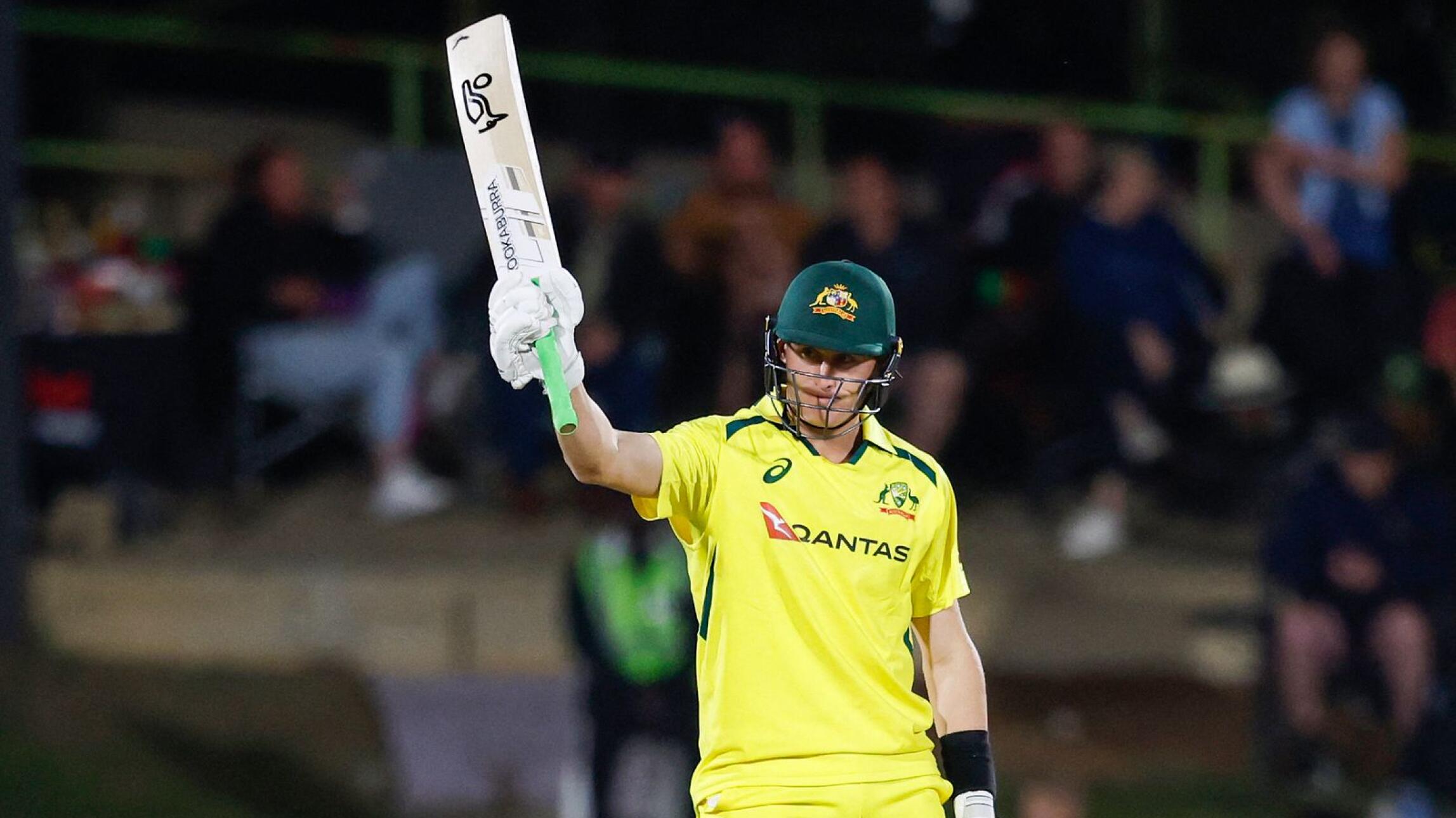 Australia's Marnus Labuschagne celebrates after scoring a half-century during the first one-day international against South Africa