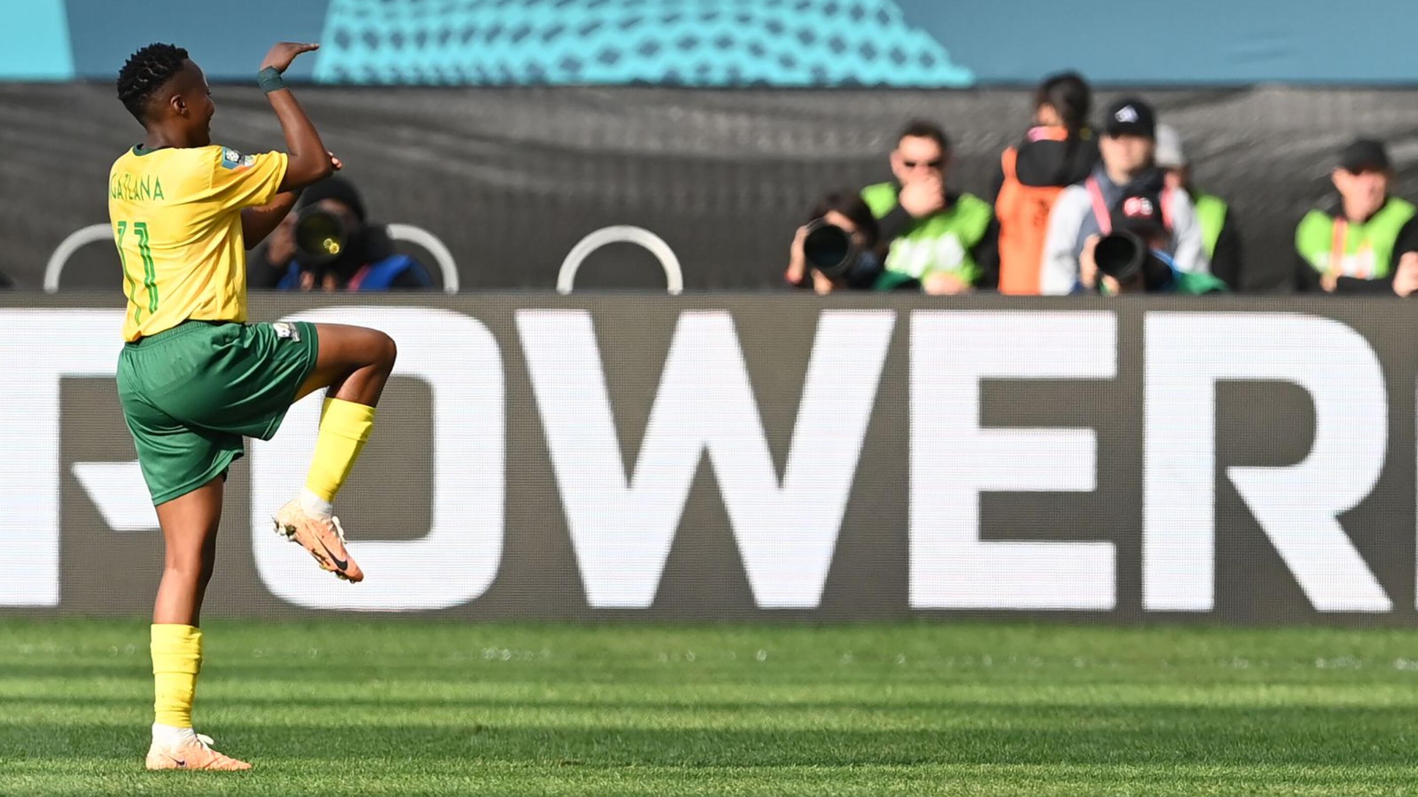 South Africa's forward #11 Thembi Kgatlana celebrates scoring her team's second goal