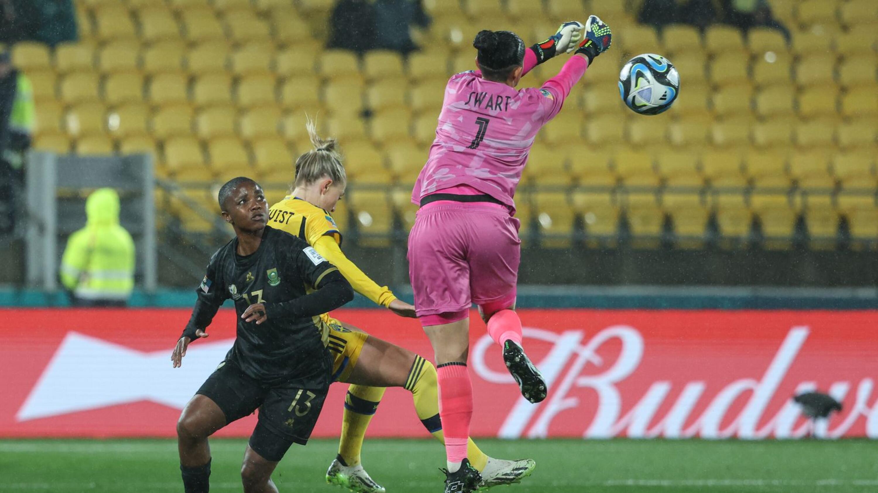 Banyana Banyana’s goalkeeper Kaylin Swart (R) saves the ball next to defender Bambanani Mbane (L) against Sweden