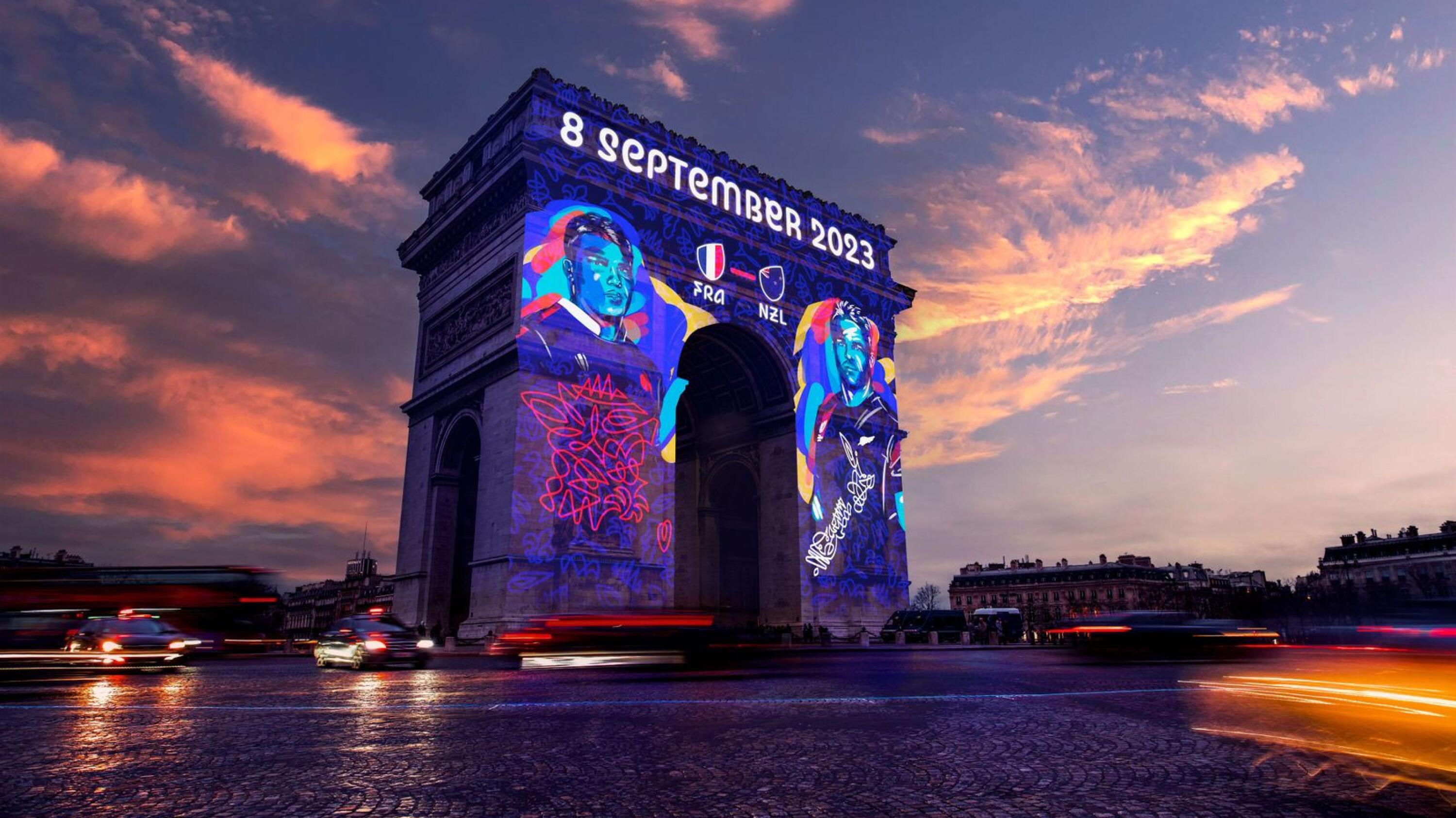 The Arc de Triomphe in Paris was lit up to mark the 100-day countdown to the 2023 Rugby World Cup