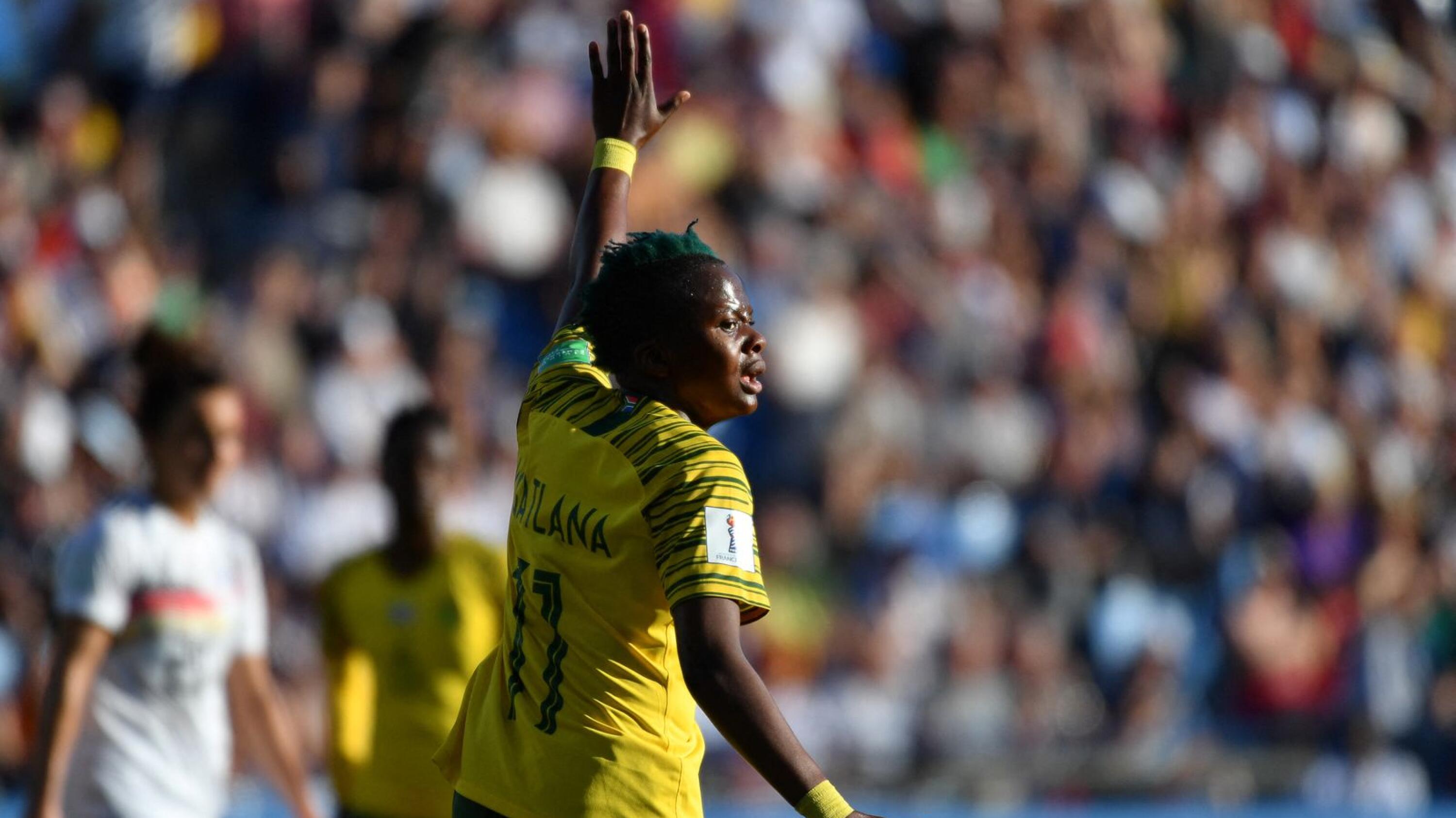 South Africa's forward Thembi Kgatlana reacts  during the France 2019 Women's World Cup Group B football match between South Africa and Germany