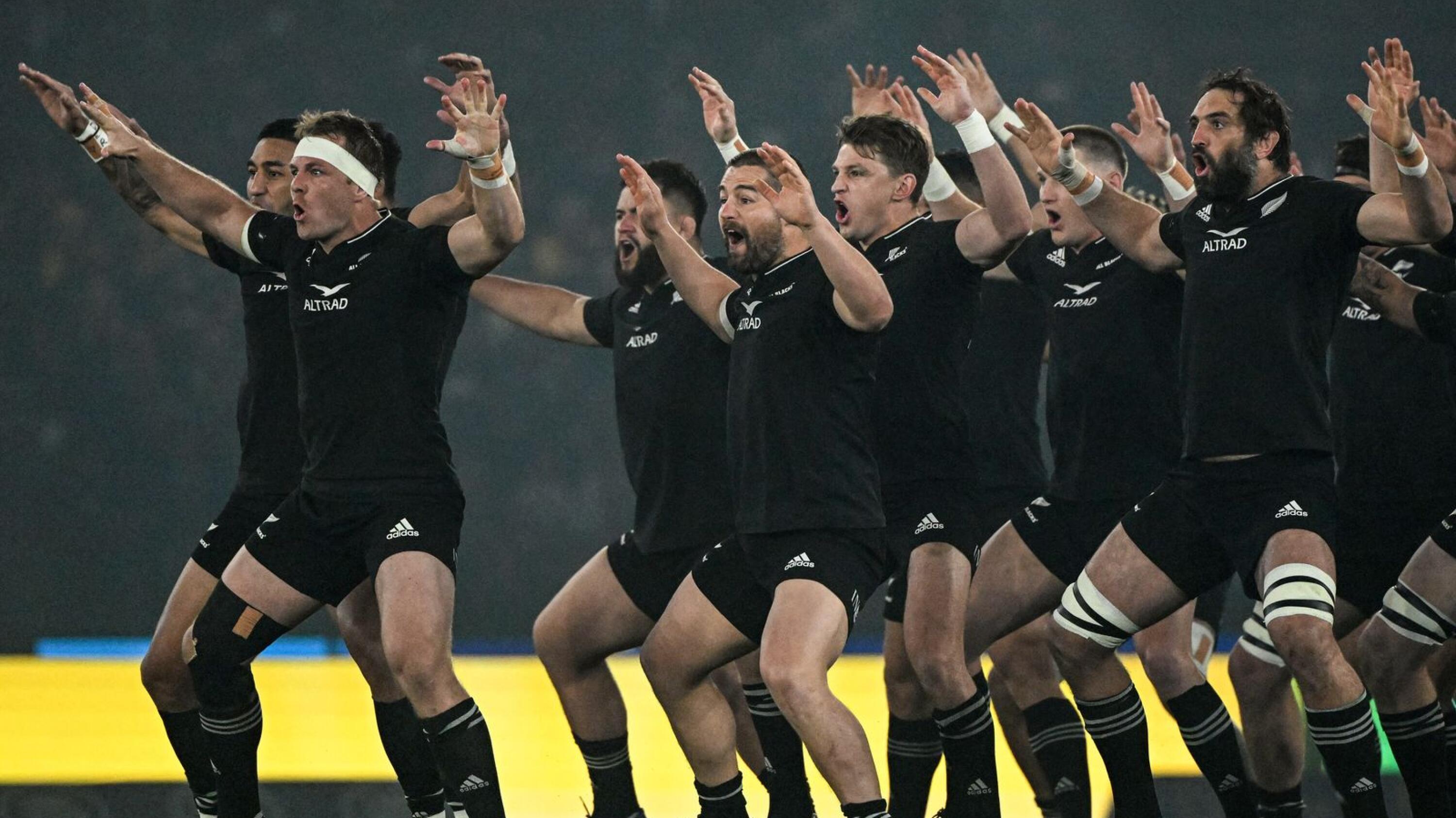 New Zealand's players perform a haka before a Rugby Championship game in September last year