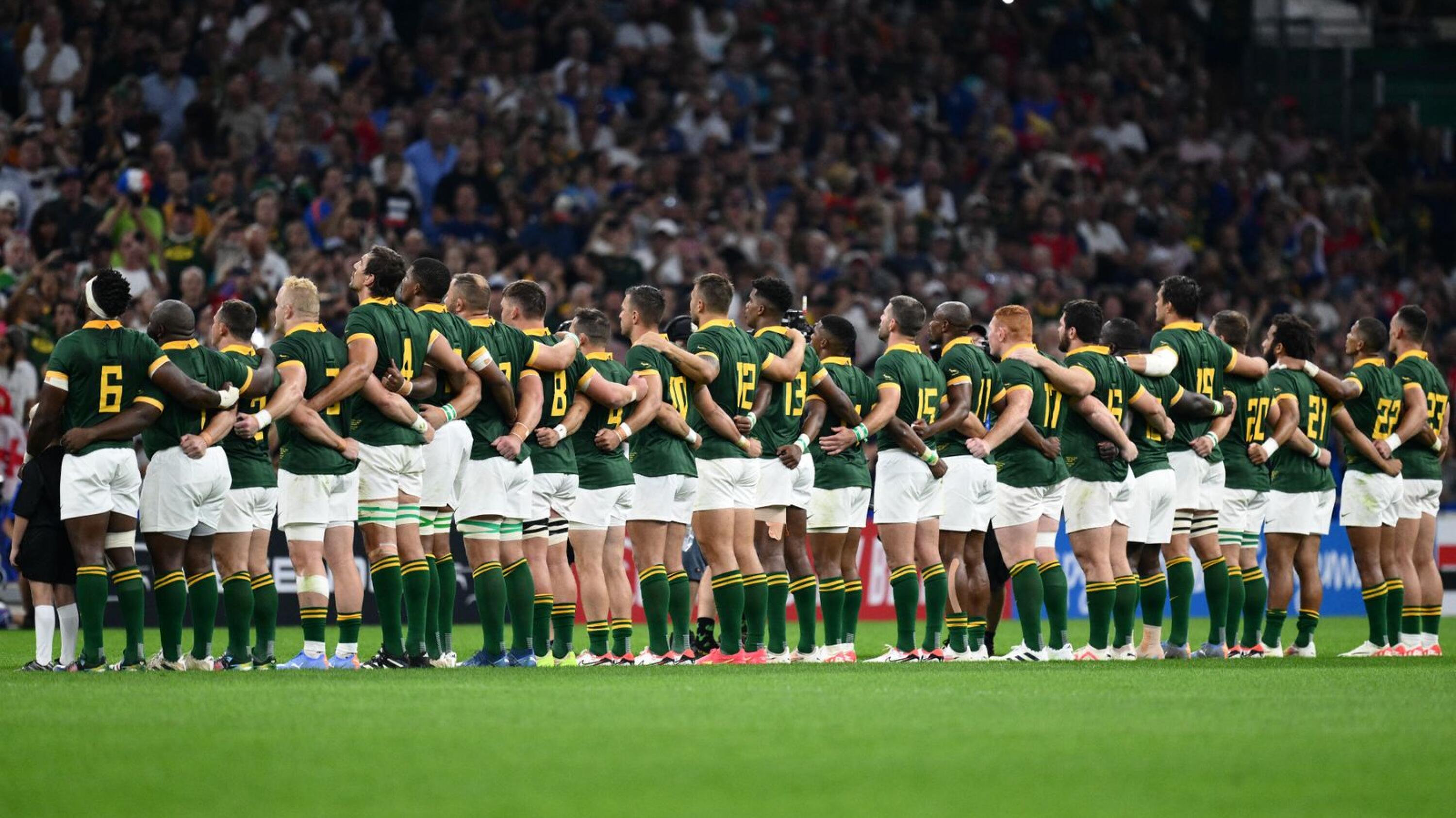 The Springboks line up for the national anthem ahead of their Rugby World Cup Pool B match against Tonga