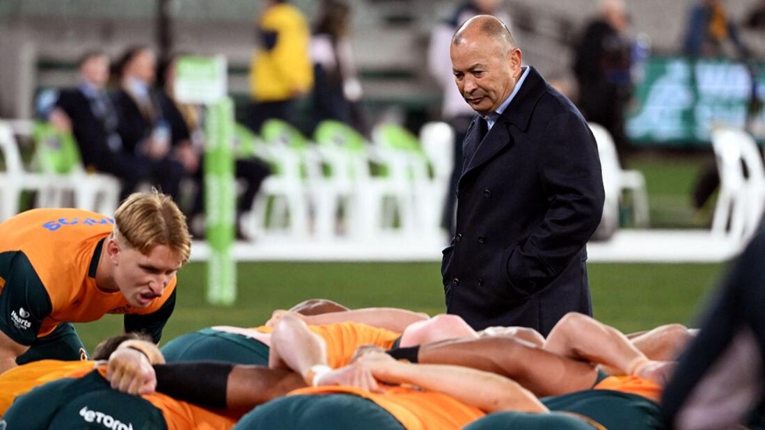 Wallaboes head coach Eddie Jones watches his players train before the Rugby Championship and Bledisloe Cup Test match against the All Blacks in Melbourne