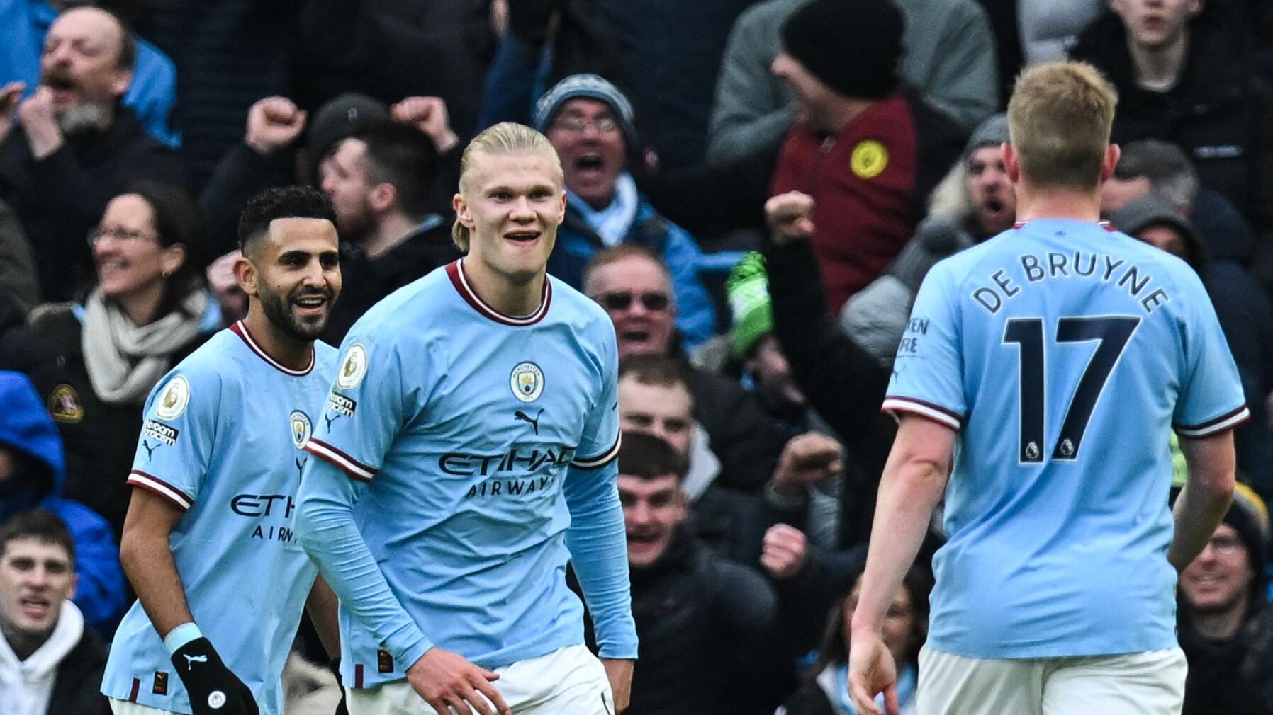 Manchester City's Erling Haaland celebrates with his teammates after after scoring during their Premier League game against Wolverhampton Wanderers at the Etihad Stadium in Manchester on Sunday