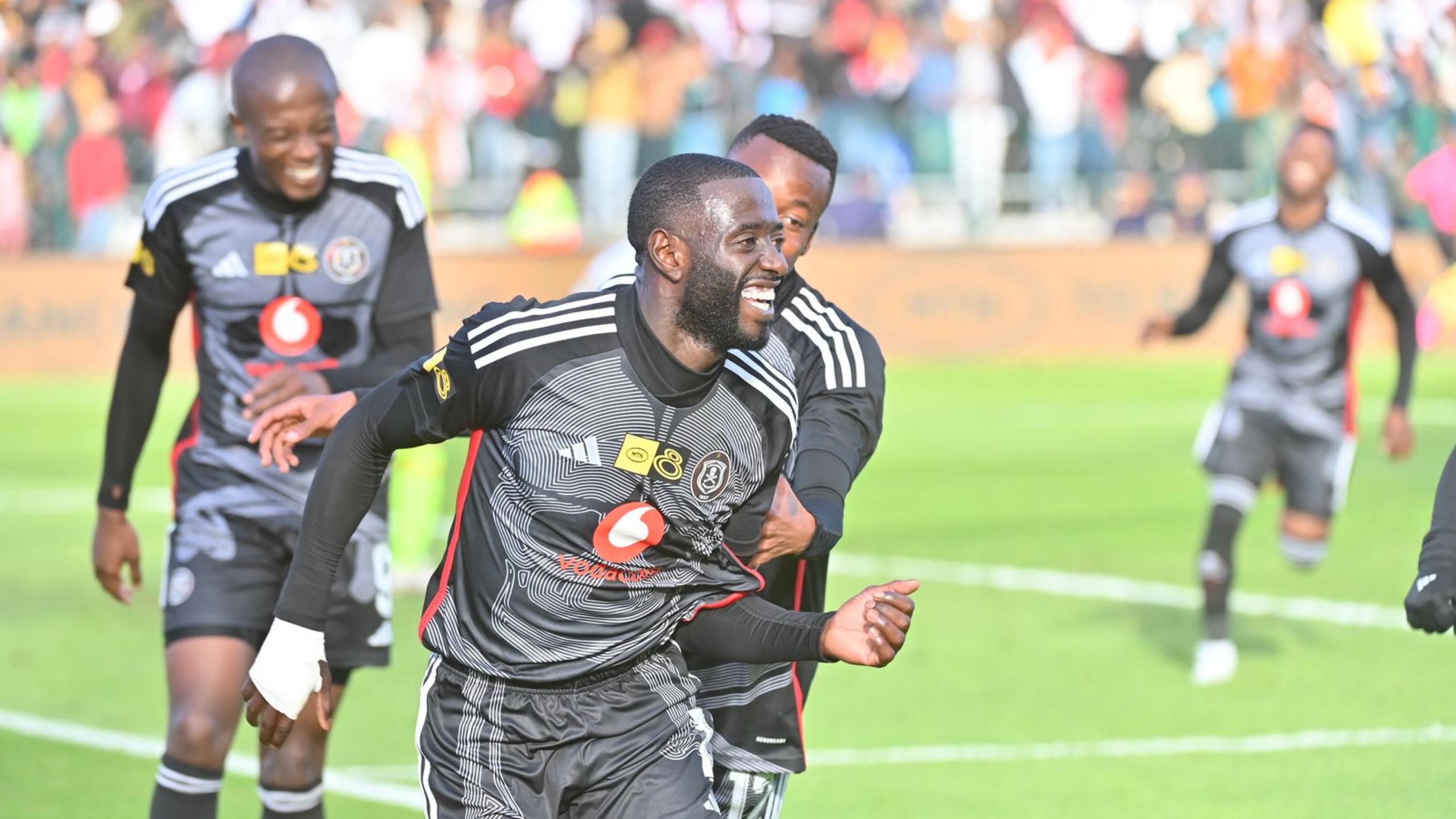 Deon Hotto celebrates with teammates after scoring a late winning goal in their MTN8 semi-final first leg against Stellenbosch FC