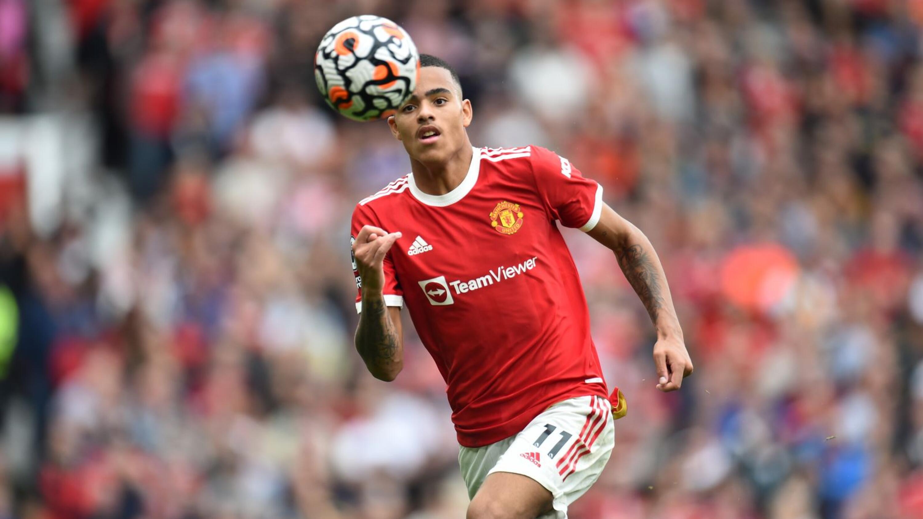 Mason Greenwood of Manchester United in action during their English Premier League soccer match against Aston Villa at Old Trafford in Manchester on 25 September 2021