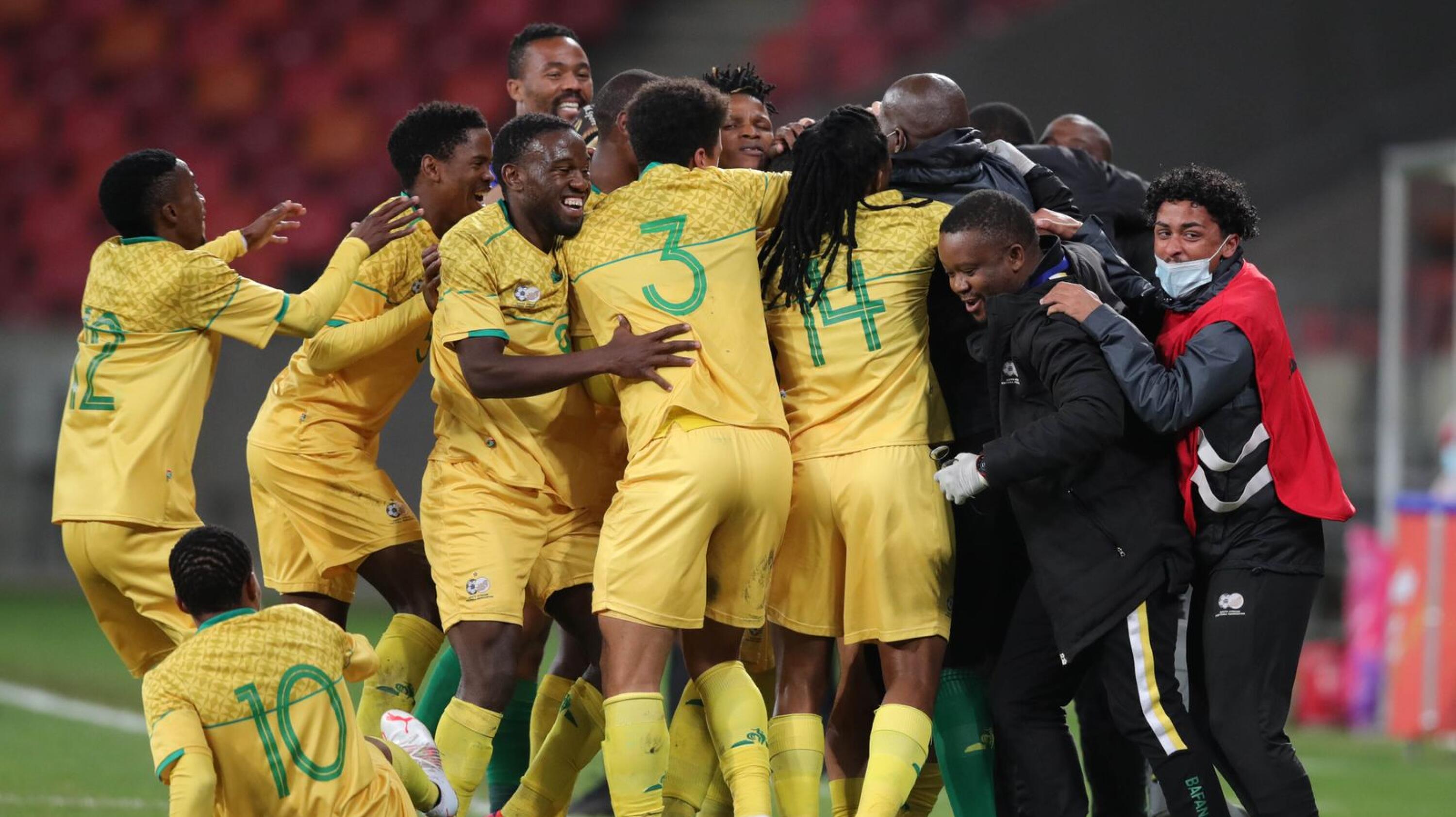 Bafana Bafana players celebrate Yusuf Maart’s goal during their Cosafa Cup semi-final clash against Mozambique at Nelson Mandela Bay Stadium in Gqeberha on Friday