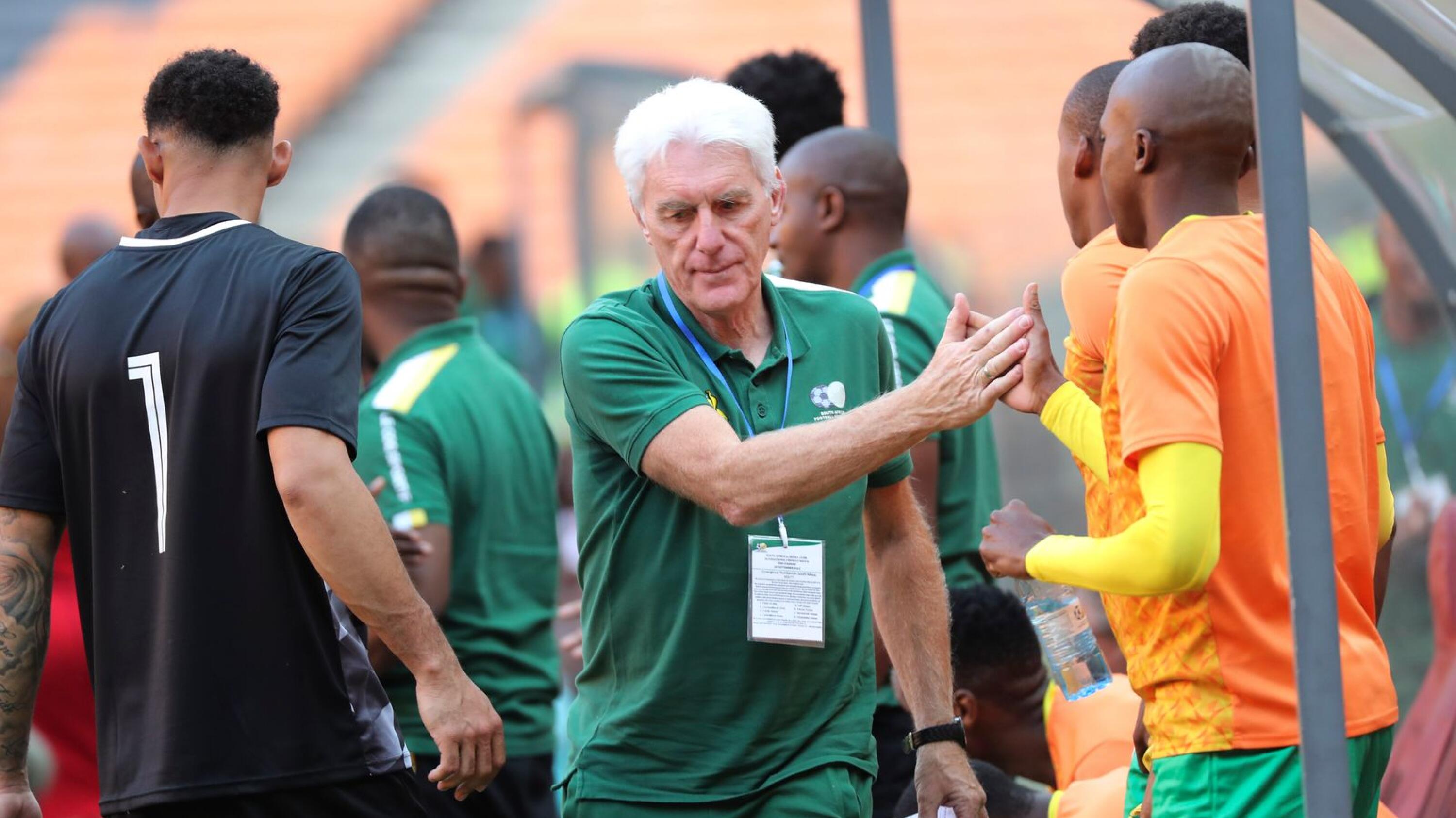 Bafana head coach Hugo Broos reacts during their friendly international against Sierra Leone at FNB Stadium in Johannesburg on Saturday