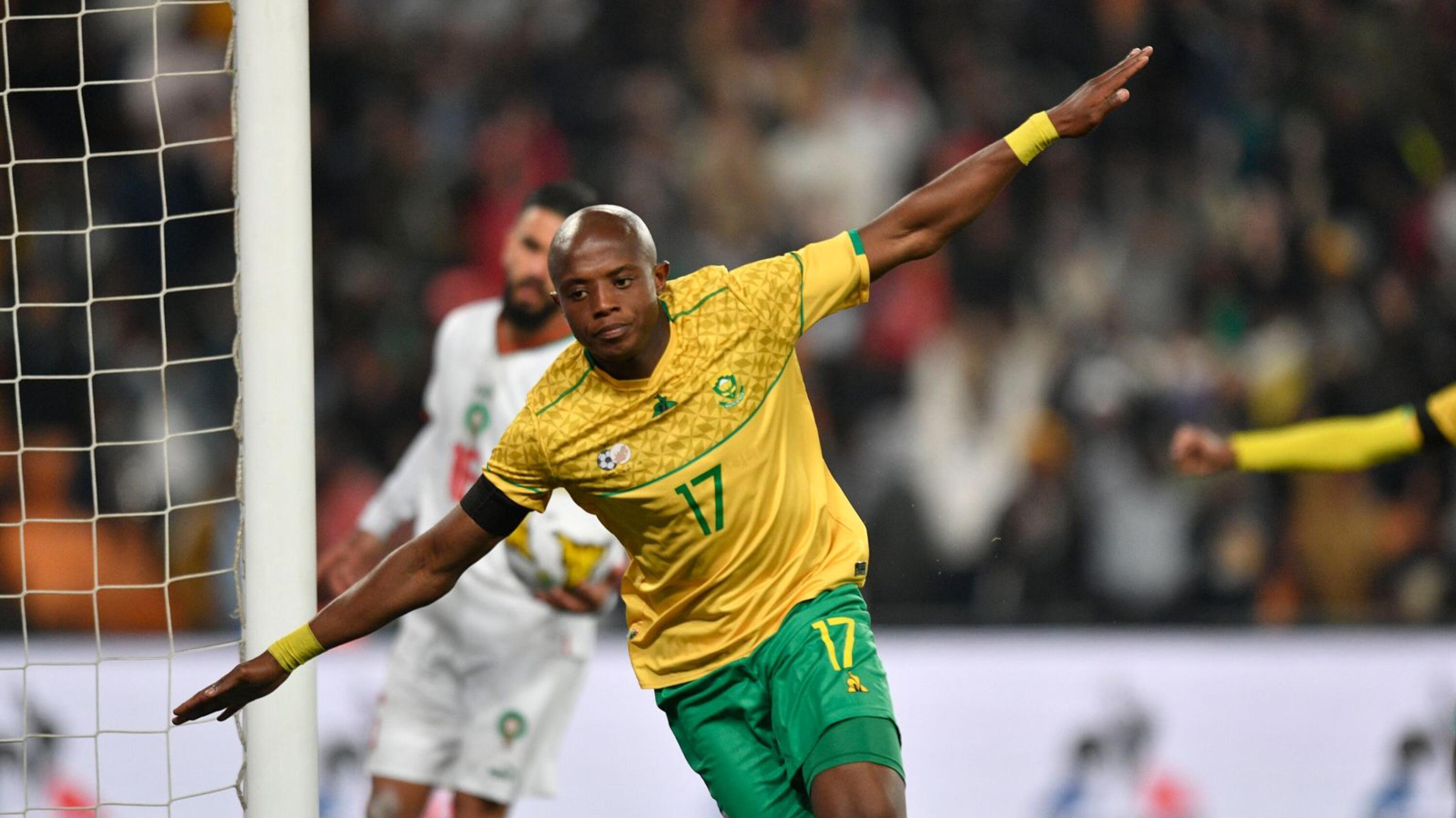 Bafana Bafana’s Zakhele Lepasa celebrates after scoring their second goal during their Africa Cup of Nations qualifier against Morocco at FNB Stadium in Johannesburg on Saturday