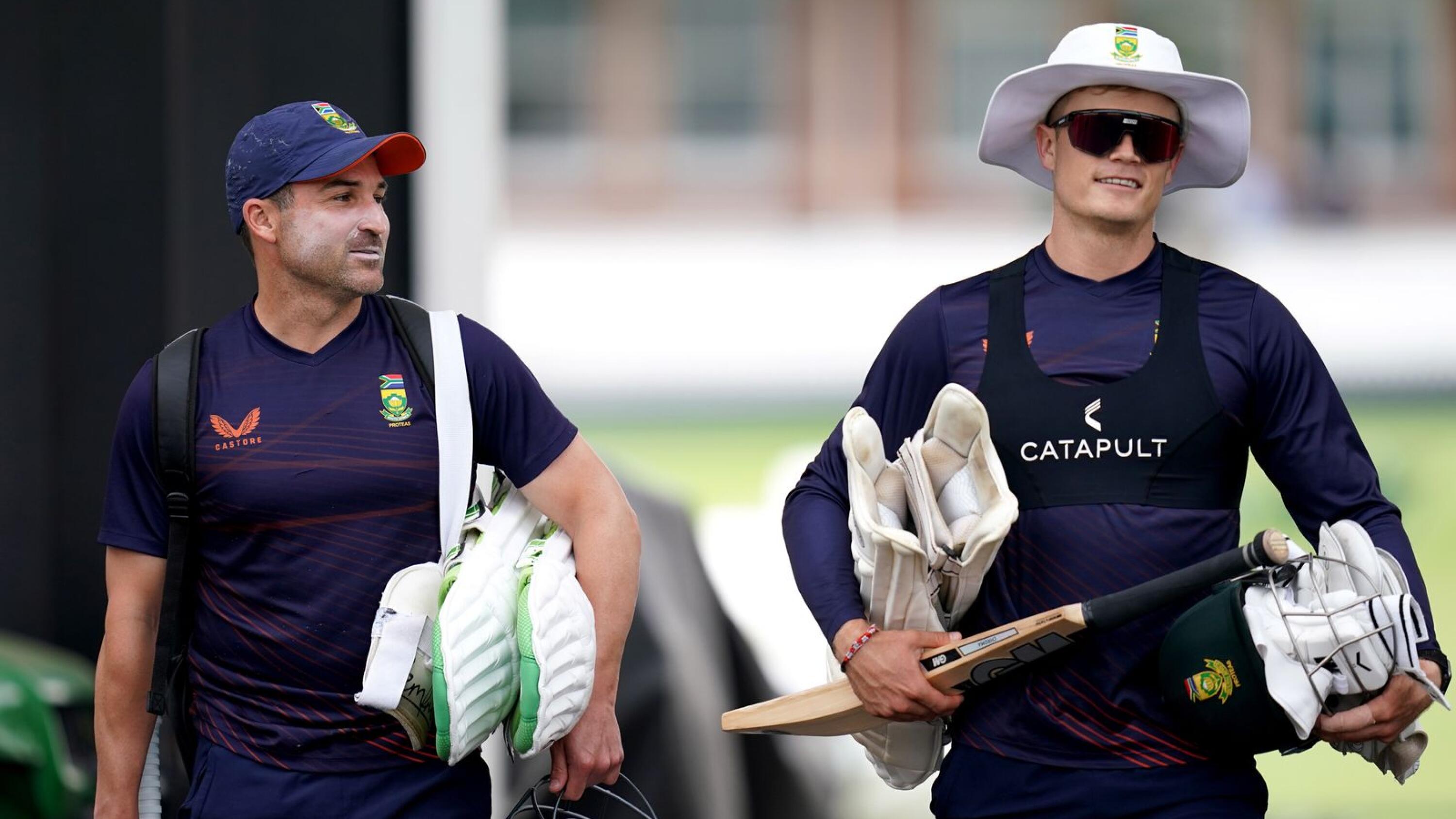 South Africa's Test captain Dean Elgar (left) and Ryan Rickelton during a nets session at Lord's Cricket Ground in London
