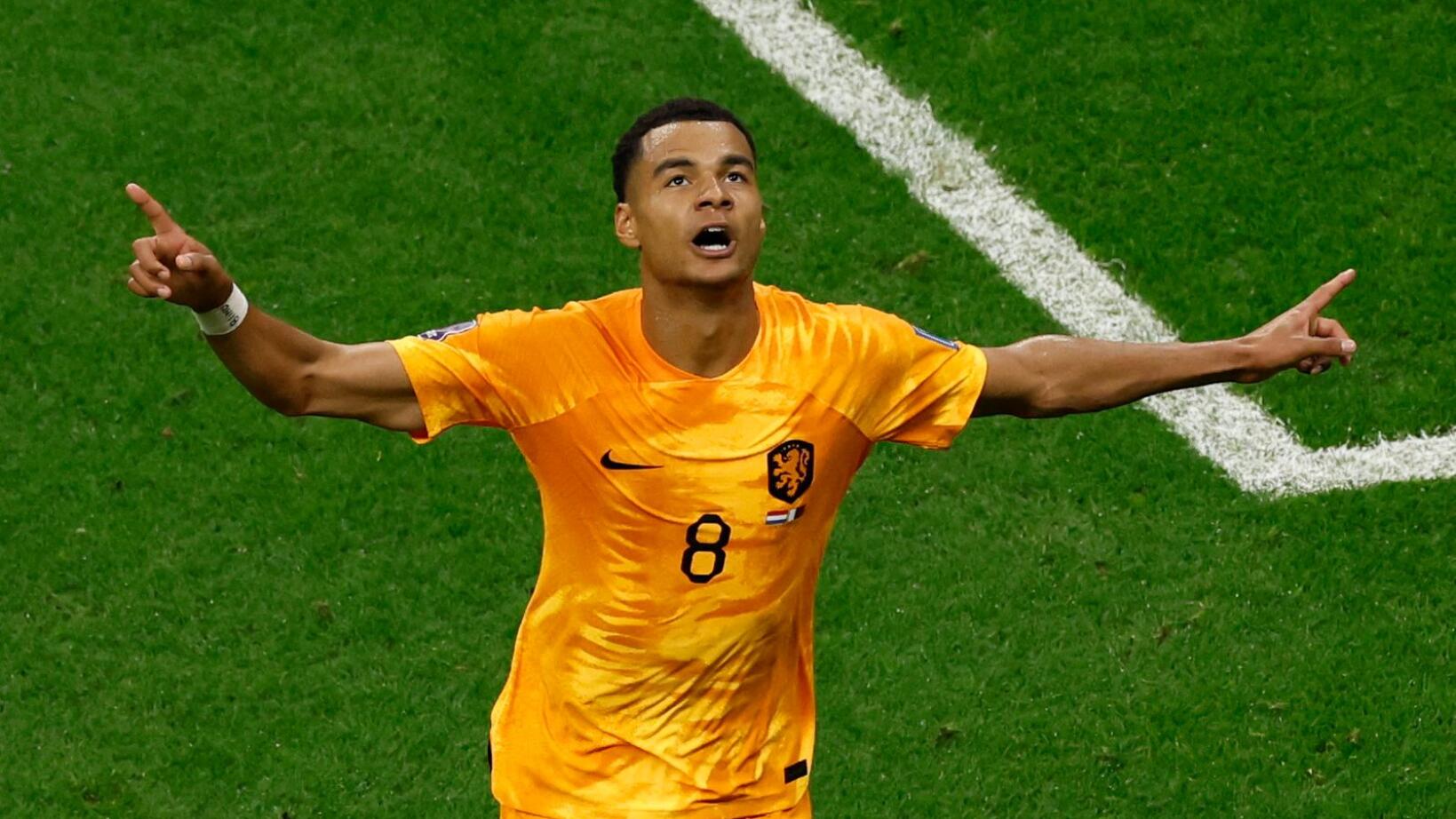 Cody Gakpo celebrates after scoring the Netherlands’ opener against Qatar at the Al Bayt Stadium on Tuesday.