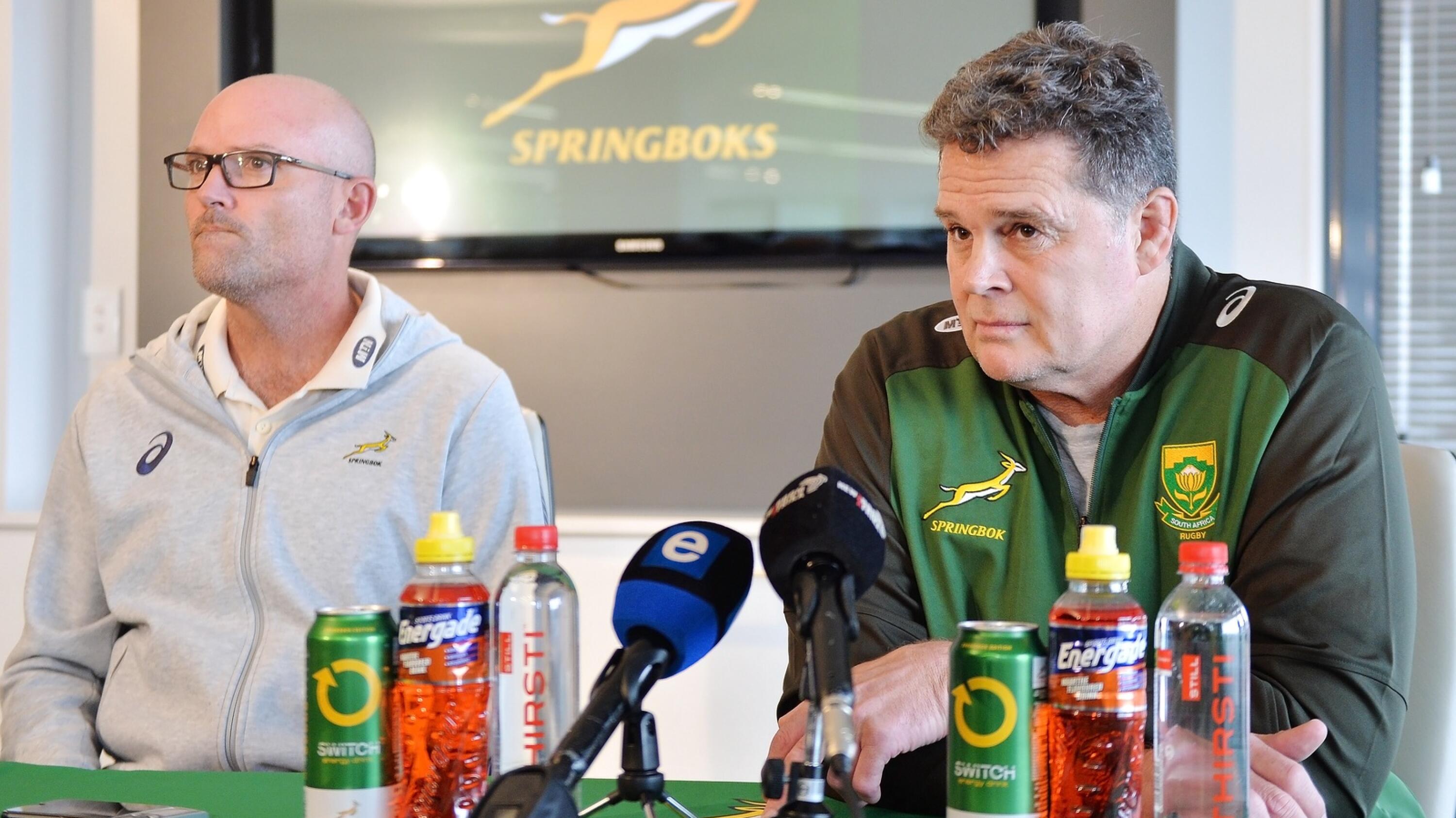 Springbok head coach Jacques Nienaber and director of rugby Rassie Erasmus speak to the media during a press briefing in Cape Town