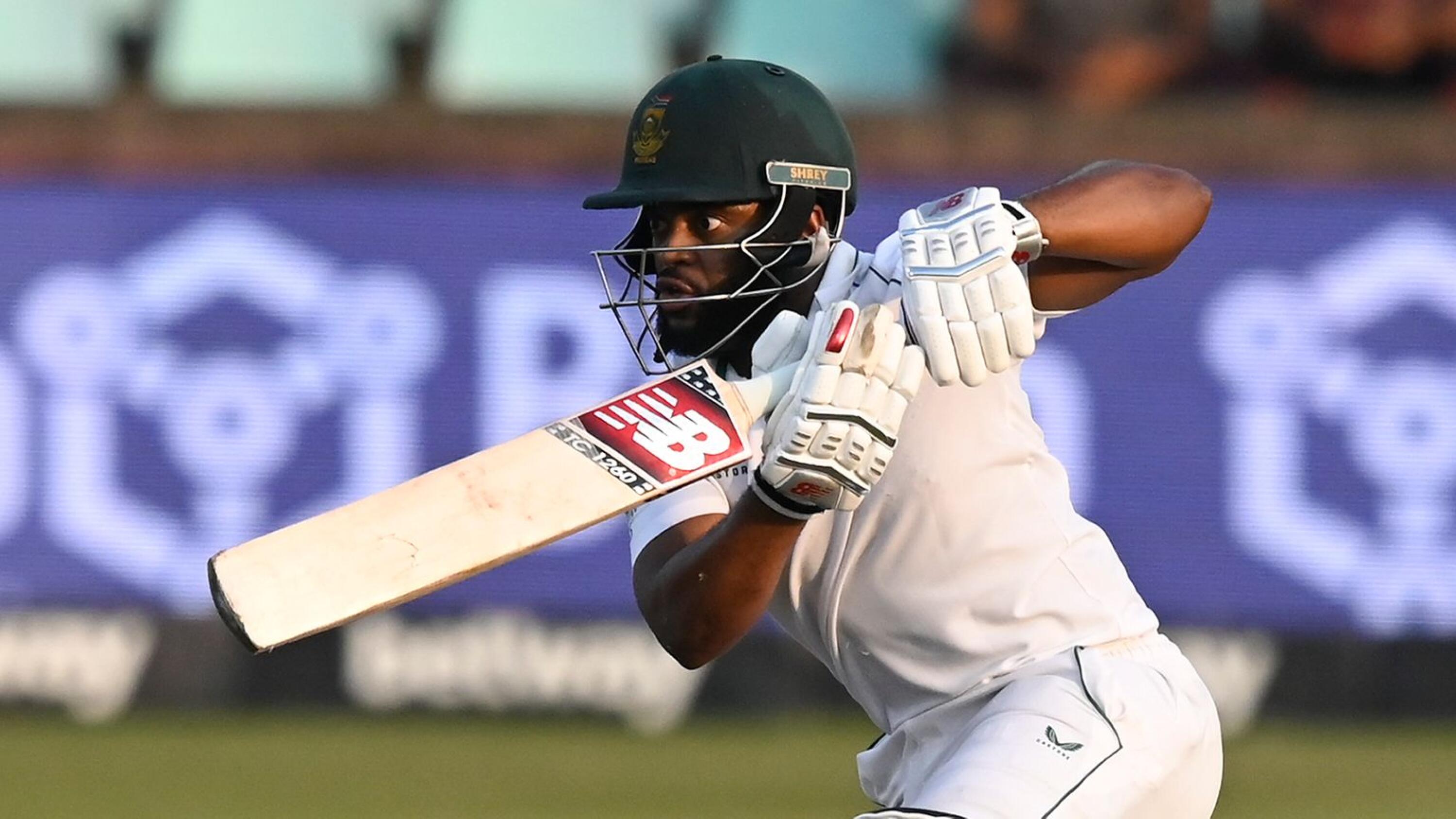 Proteas batsman Temba Bavuma plays shot onto the offside during a Test match