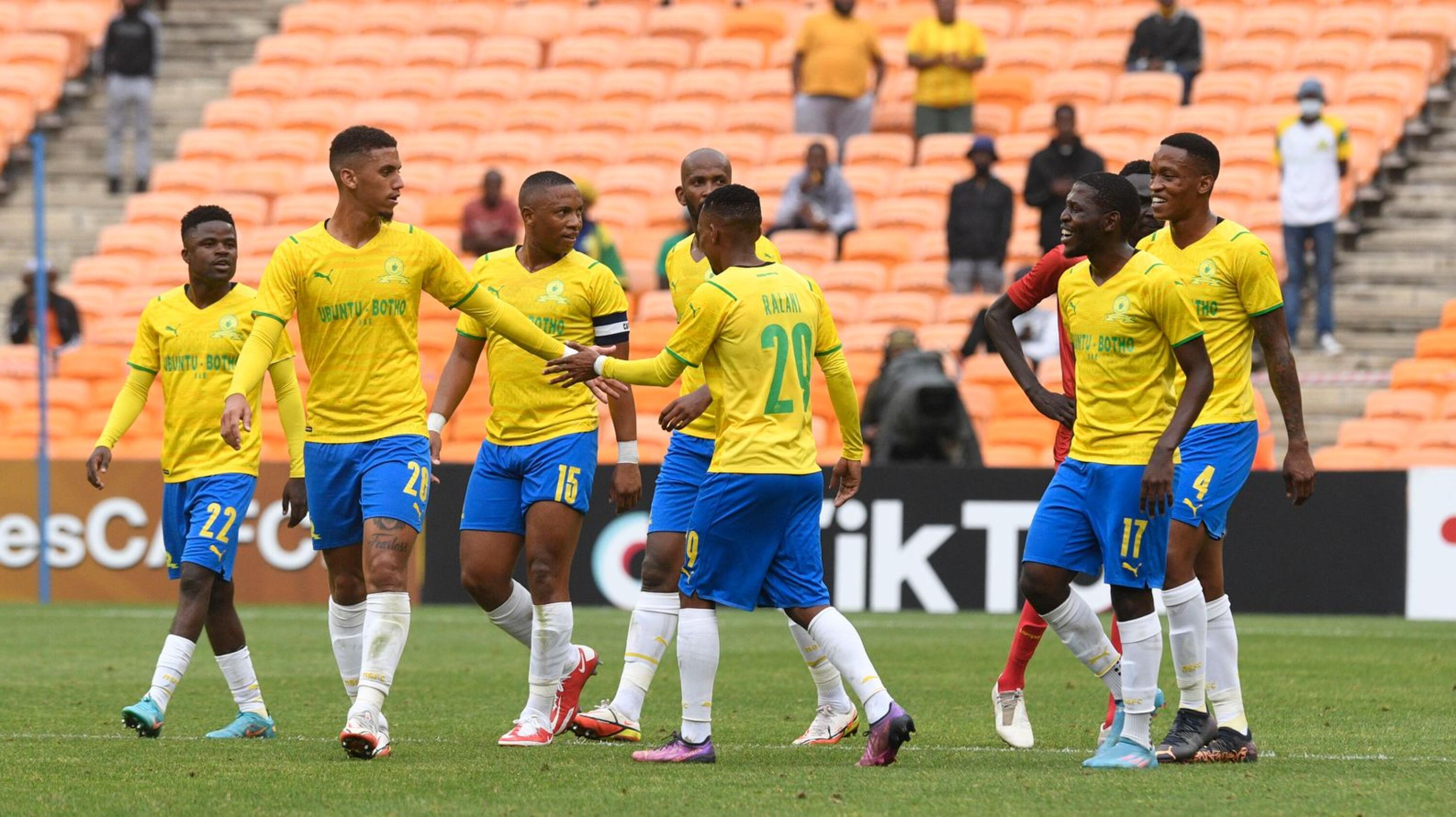 Surprise Ralani of Mamelodi Sundowns celebrates with teammates after scoring during their CAF Champions League match against Al Merrikh at FNB Stadium in Johannesburg on Saturday