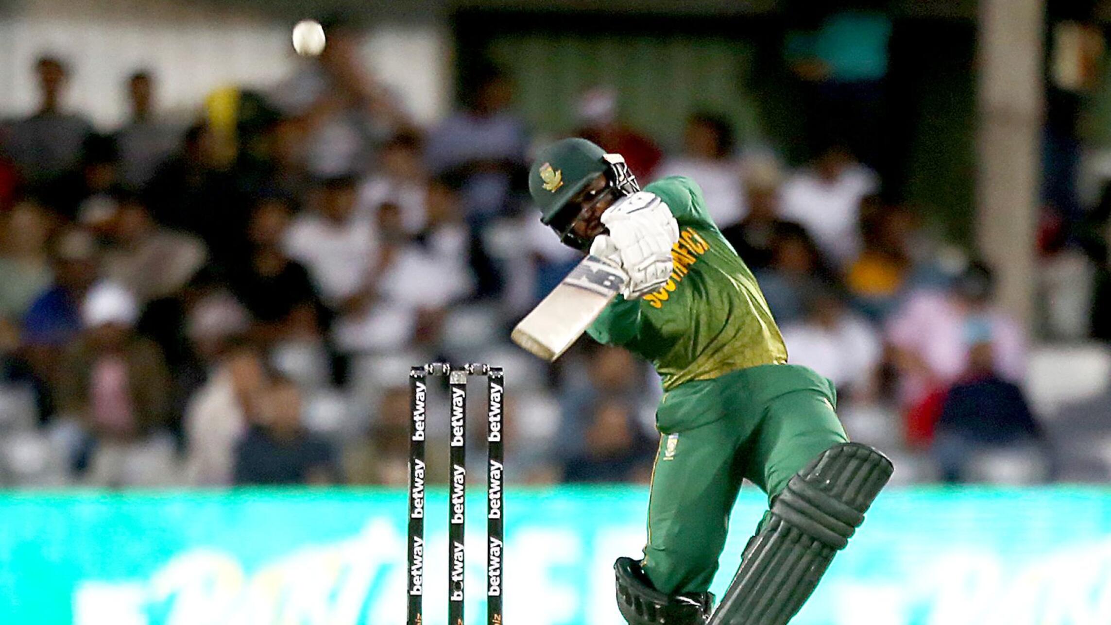 South Africa captain Temba Bavuma hits over the top during the second ODI against the West Indies at Buffalo Park in East London on Saturday