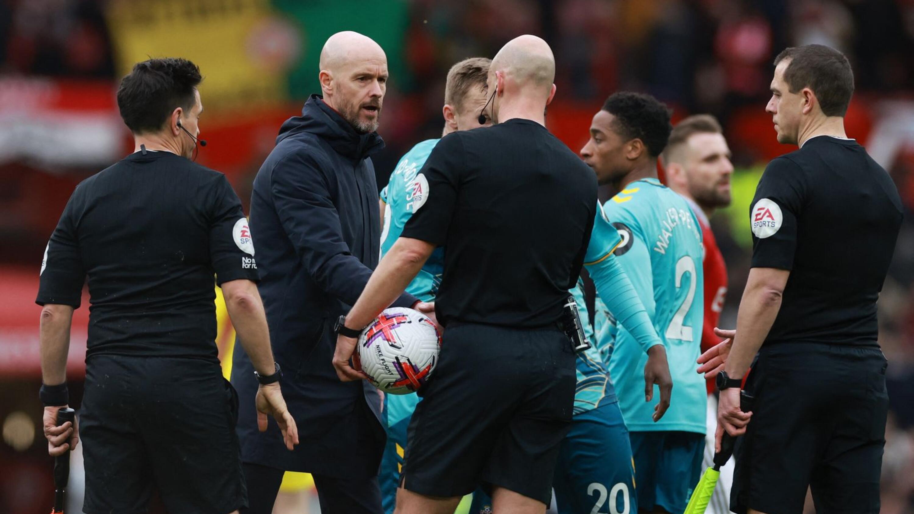Manchester United manager Erik ten Hag shakes hands with referee Anthony Taylor after their Premier League match against Southampton at Old Trafford on Sunday
