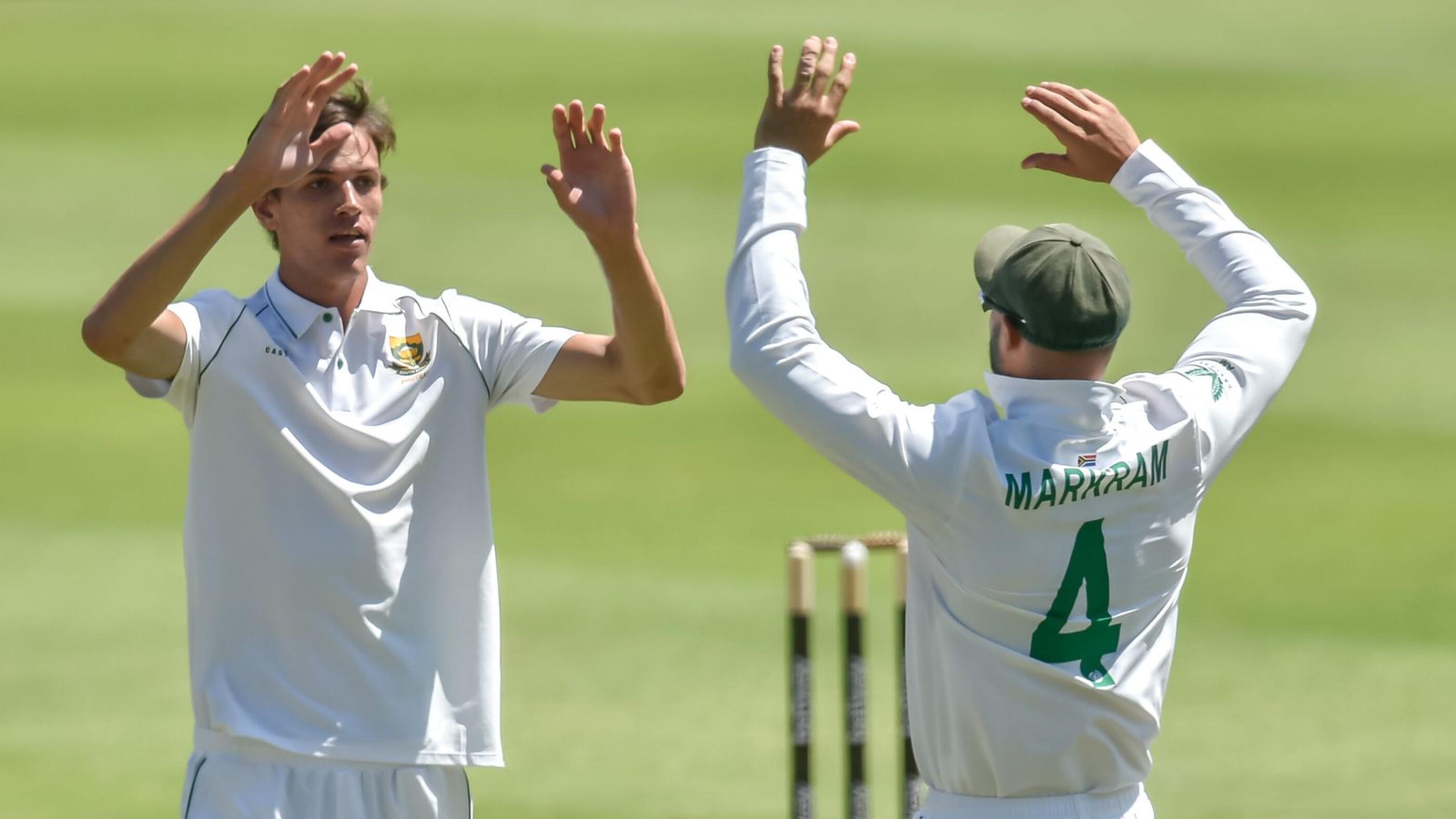 Marco Jansen of South Africa celebrates after getting the wicket of KL Rahul of India during day 1 of the 2nd Test match at the Wanderers in Johannesburg on Monday