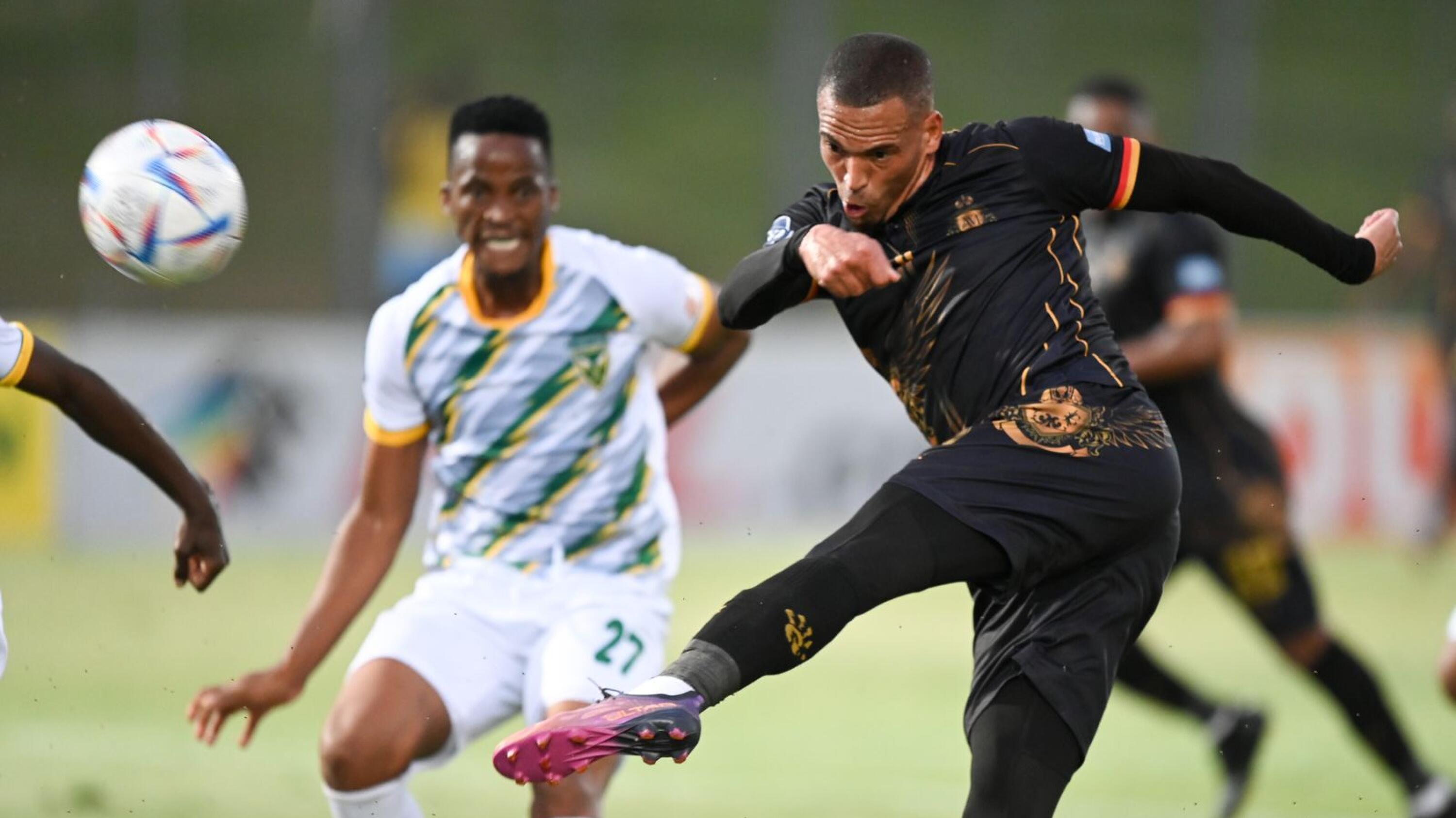 Royal AM’s Ruzaigh Gamildien fires at the goal during their DStv Premiership match against Golden Arrows at Chatsworth Stadium in Durban on Tuesday