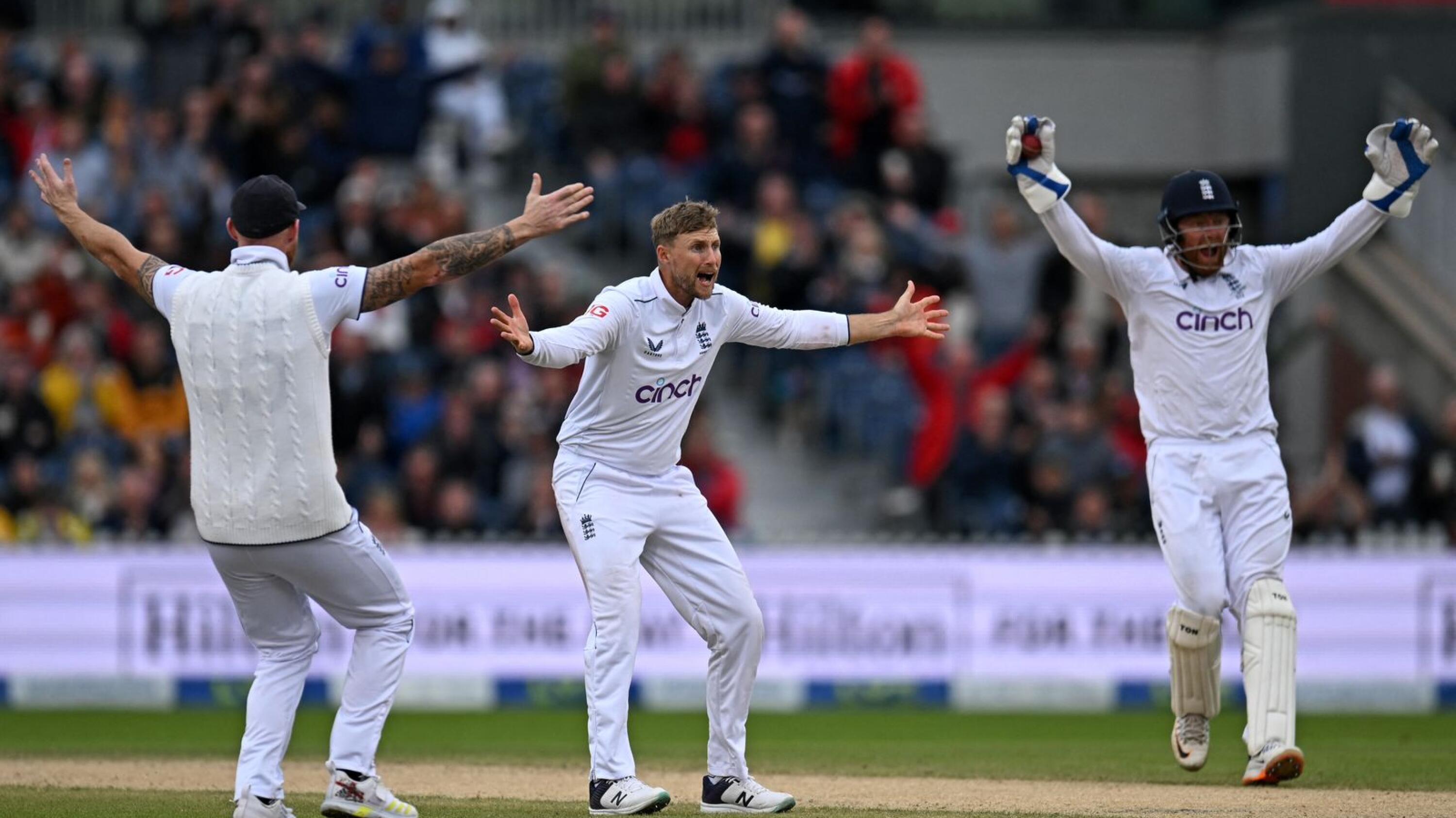England's Joe Root appeals for the wicket of Australia's Marnus Labuschagne on day four of the fourth Ashes cricket Test match at Old Trafford on Saturday