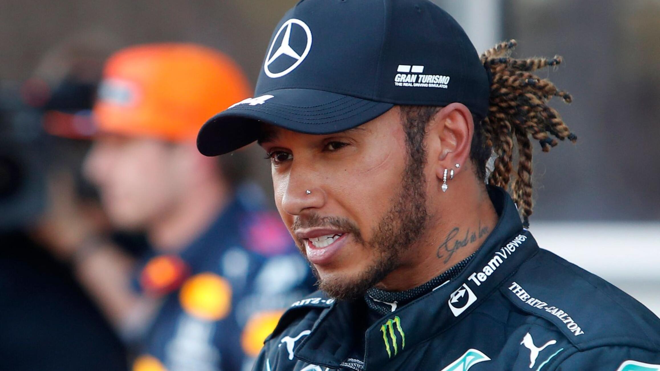 Mercedes' Lewis Hamilton reacts after qualifying in second position