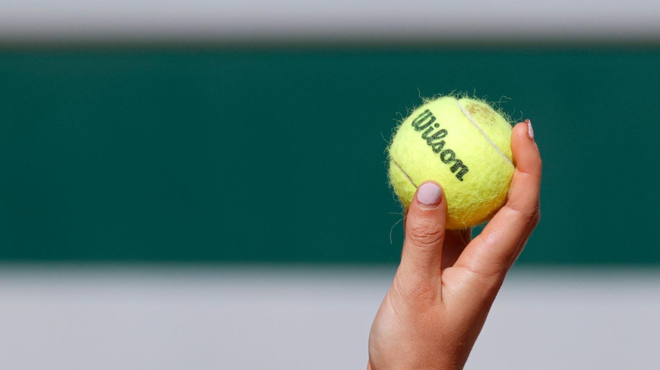 General view of a tennis ball being held up during a tennis match