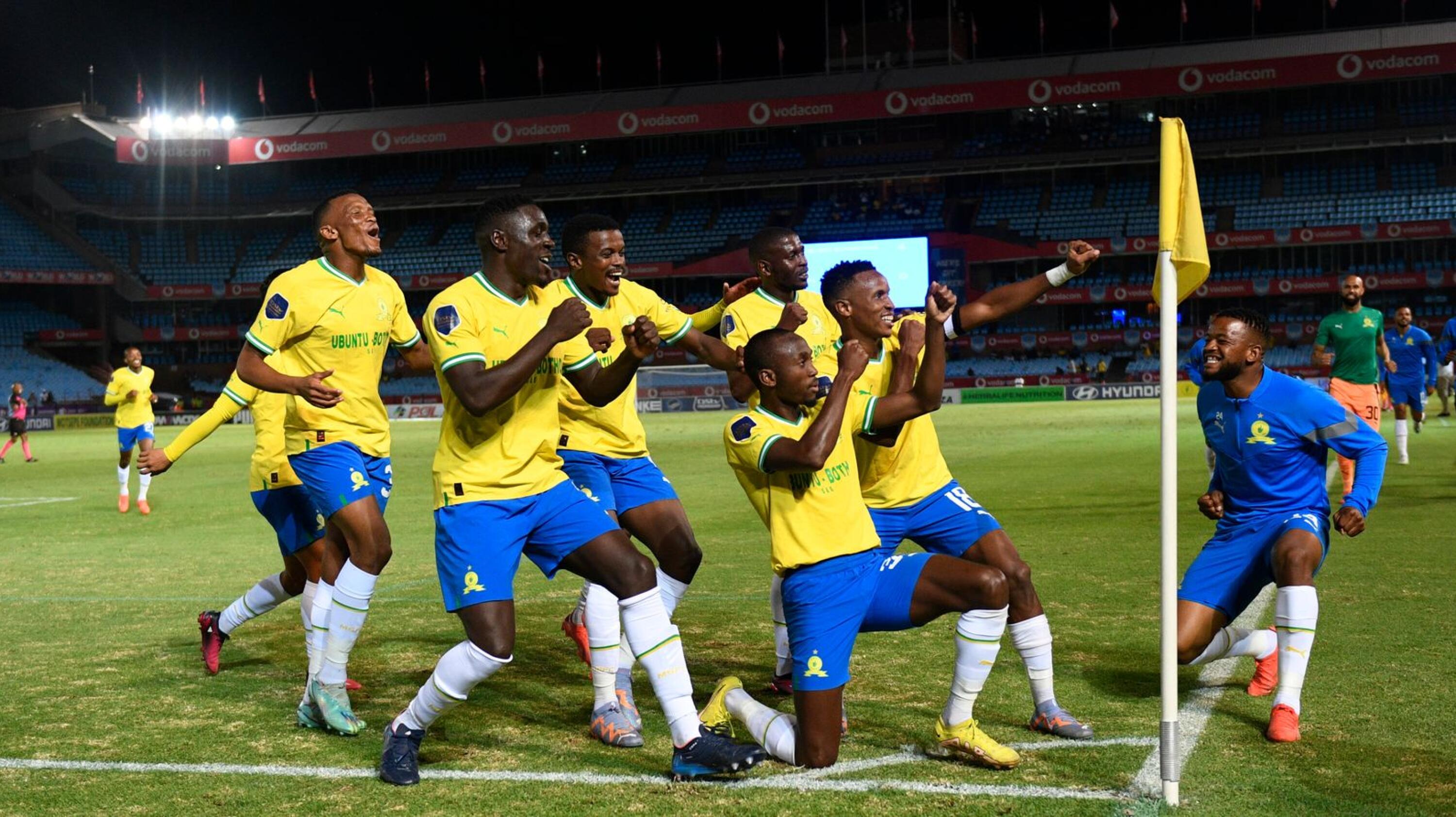 Peter Shalulile of Mamelodi Sundowns celebrates with teammates after scoring a goal during their DStv Premiership match against Royal AM at Loftus Versfeld on Tuesday