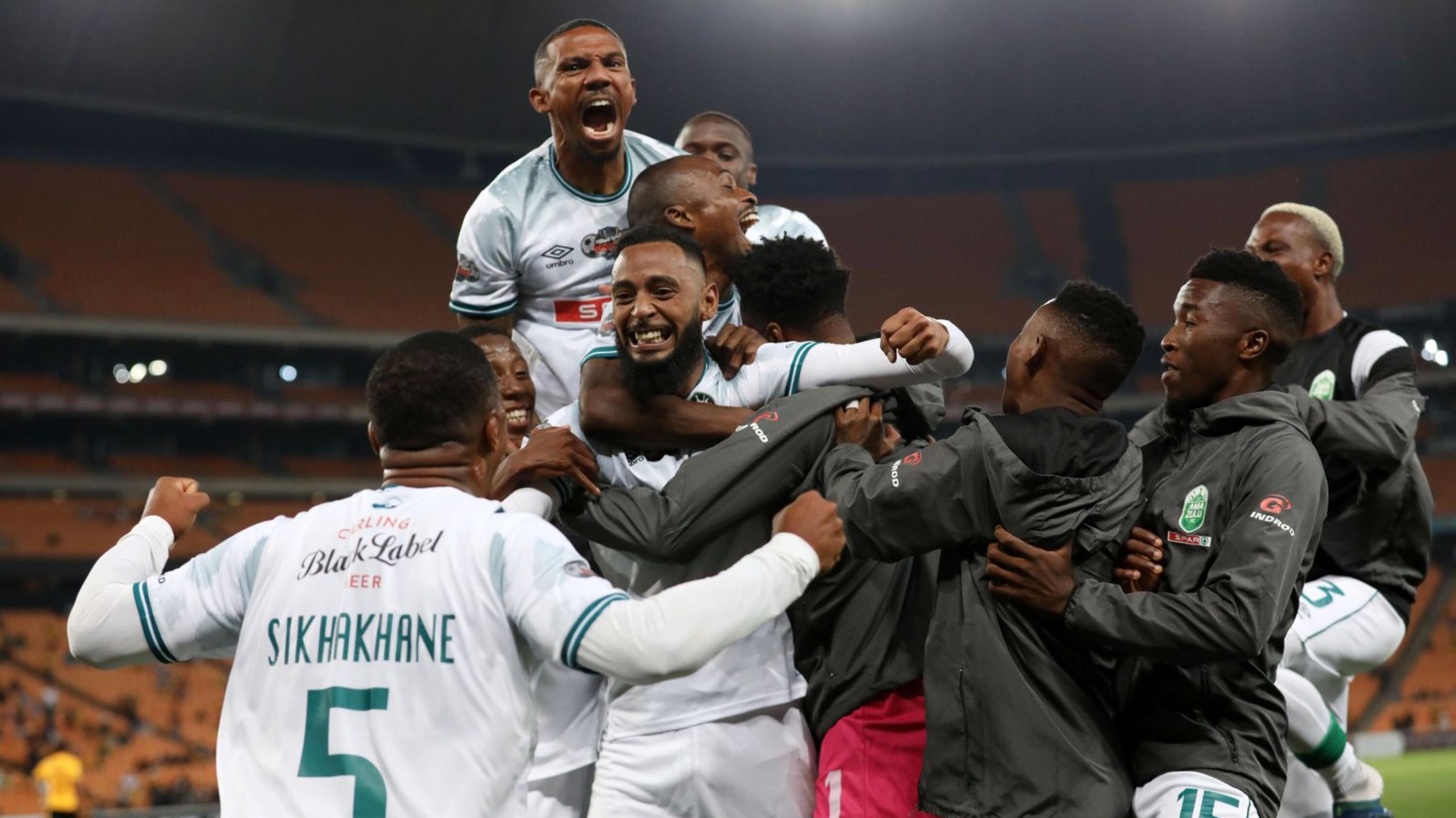 AmaZulu’s Taariq Fielies celebrates with teammates after scoring a late winner during their Carling Knockout match against Kaizer Chiefs