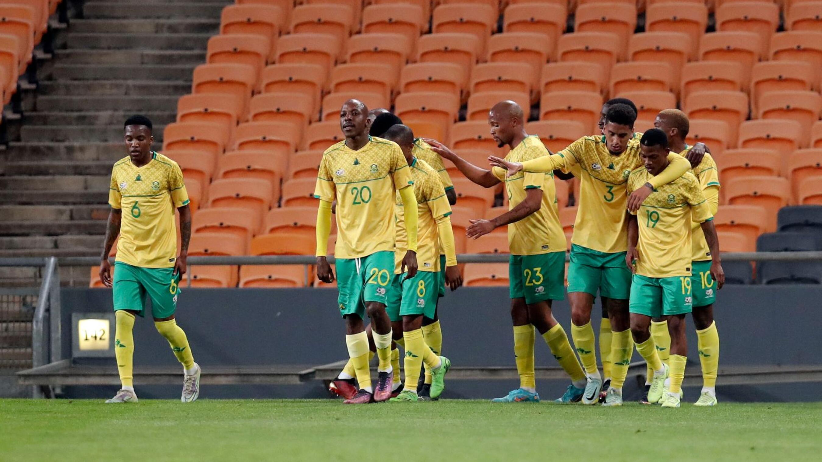 Bafana Bafana players celebrate scoring during their recent friendly international against Botswana
