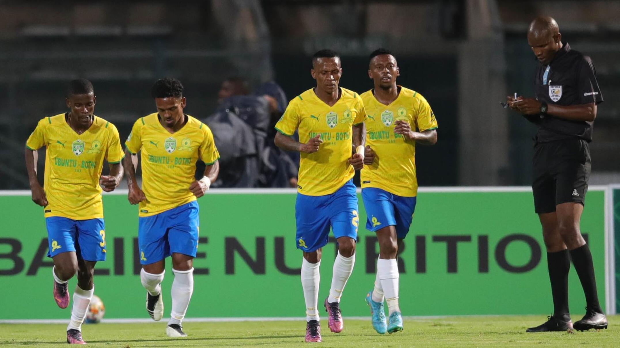 Mamelodi Sundowns’ Thabiso Kutumela celebrates with teammates after scoring during their Nedbank Cup Round of 16 clash against Mathaithai FC at Lucas Moripe Stadium in Atteridgeville on Tuesday
