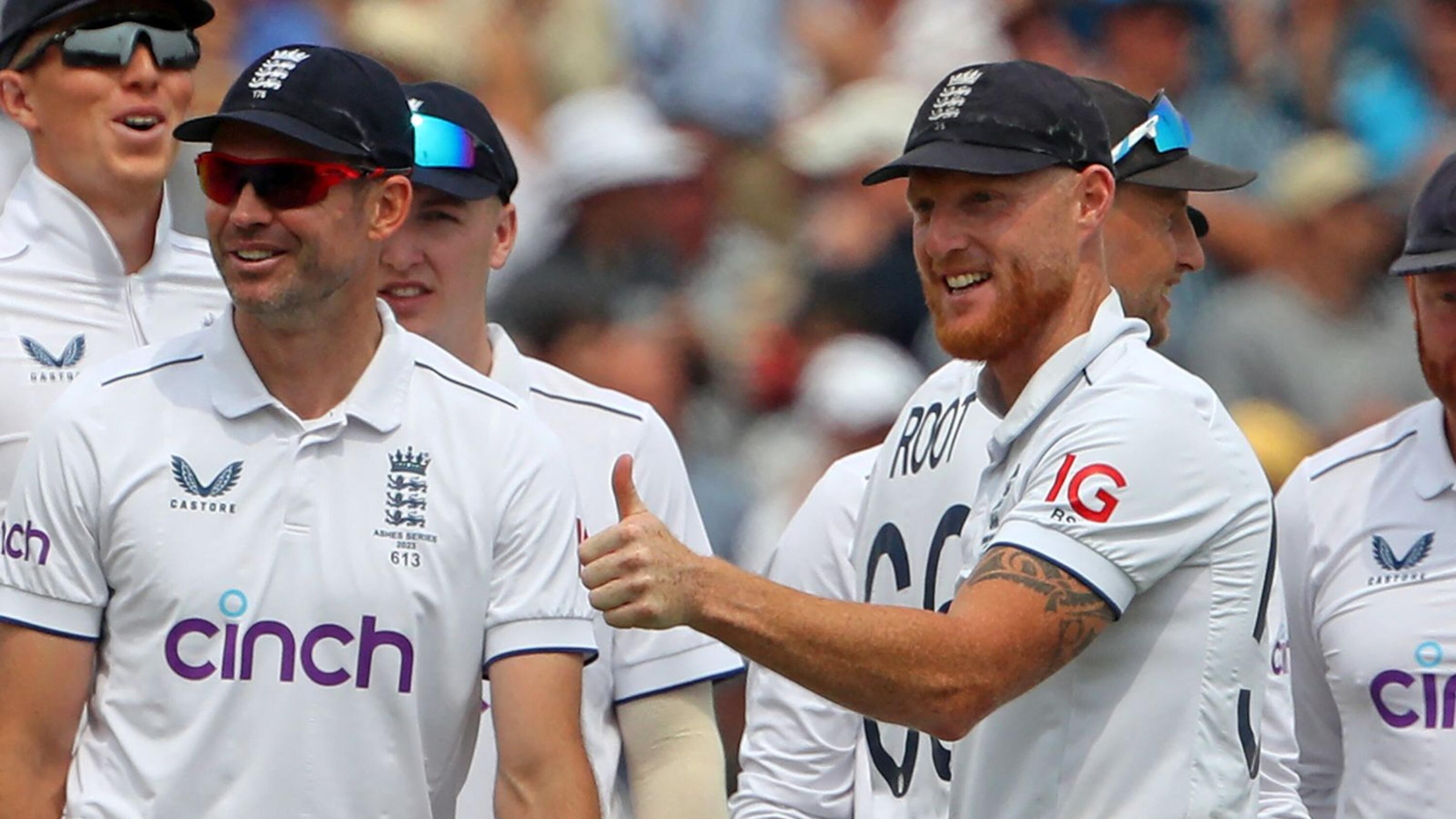 England captain Ben Stokes gives a thumbs-up sign after Ollie Robinson took Australia's Usman Khawaja during the first Ashes Test