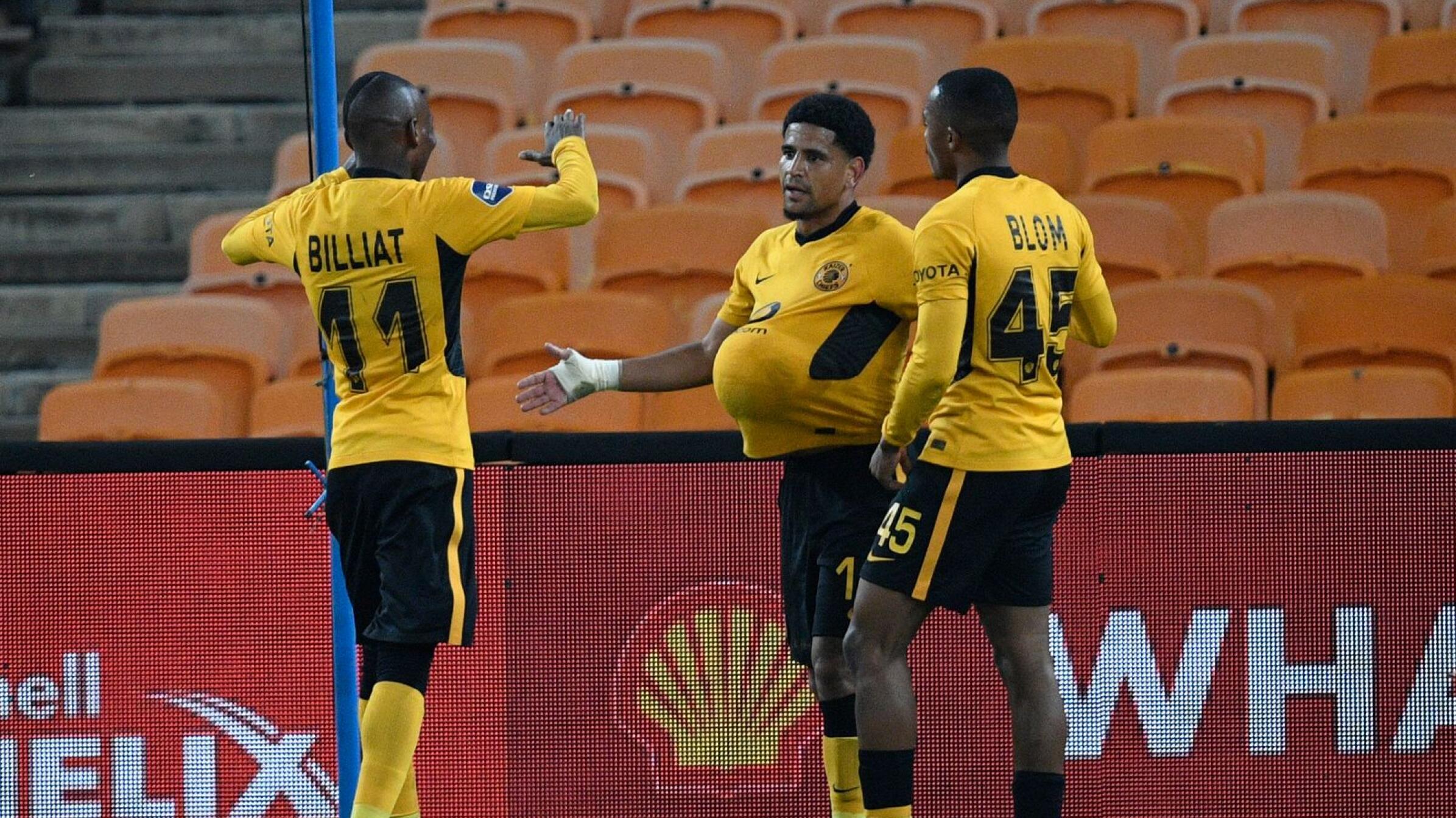 Kaizer Chiefs’ Keagan Dolly celebrates with Khama Billiat and Njabulo Blom after scoring the winning goal during their DStv Premiership game against Marumo Gallants FC at FNB Stadium on Tuesday