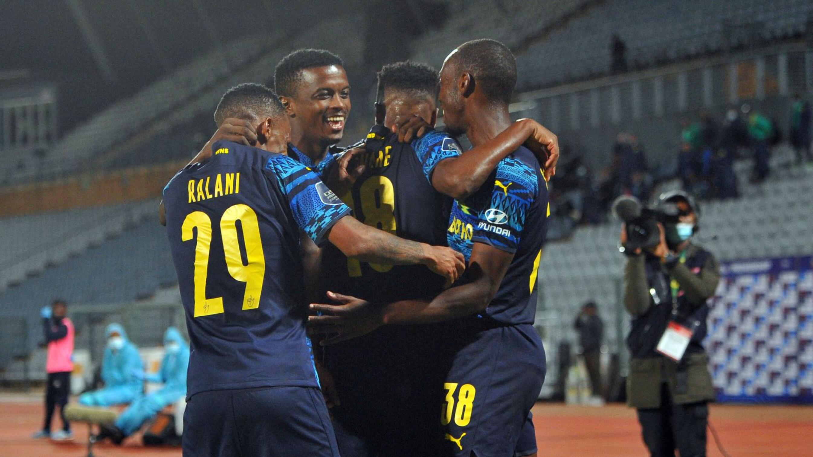 Mamelodi Sundowns’ Peter Shalulile celebrates with teammates after scoring one of their goals during their DStv Premiership match against Swallows FC at Dobsonville Stadium in Soweto on Wednesday