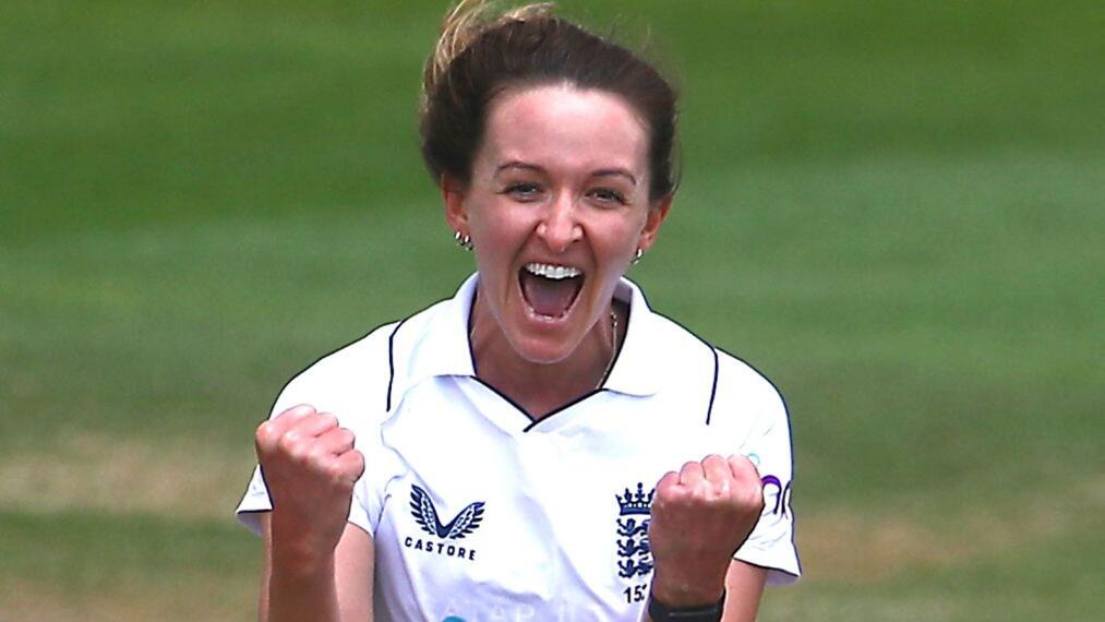 Kate Cross of England celebrates the wicket of Andrie Steyn of South Africa during day three of their once-off Test match at the Cooper Associates County Ground in Taunton on Wednesday