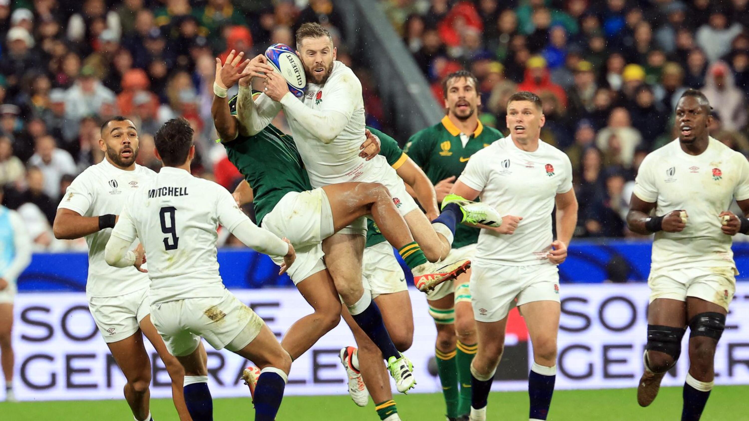England’s Freddie Steward out jumps South Africa's Kurt-Lee Arendse during Saturday’s Rugby World Cup semi-final at the Stade de France