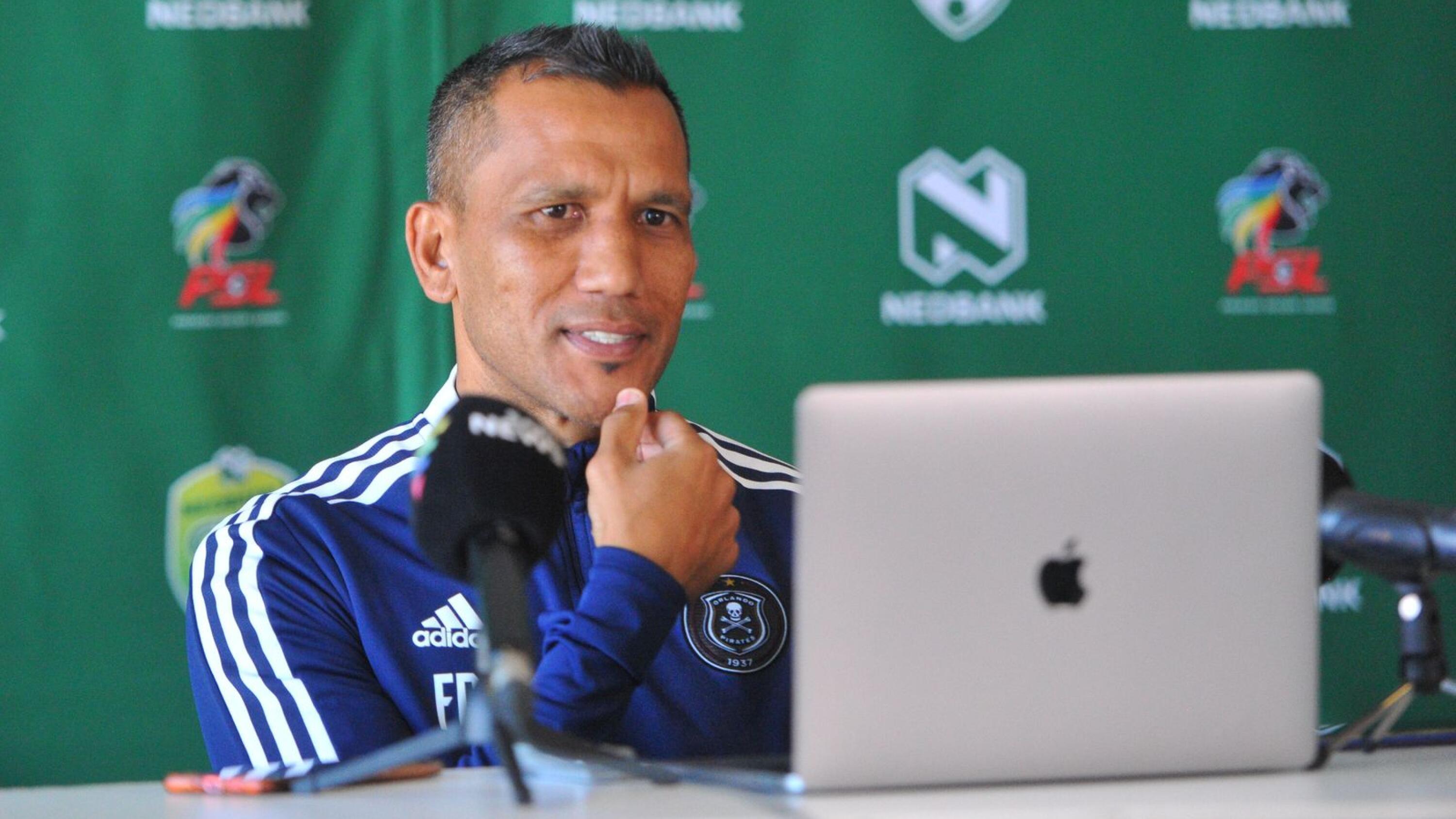 Orlando Pirates co-coach Fadlu Davids speaks to the media during a press conference ahead of their Nedbank Cup clash against Marumo Gallants
