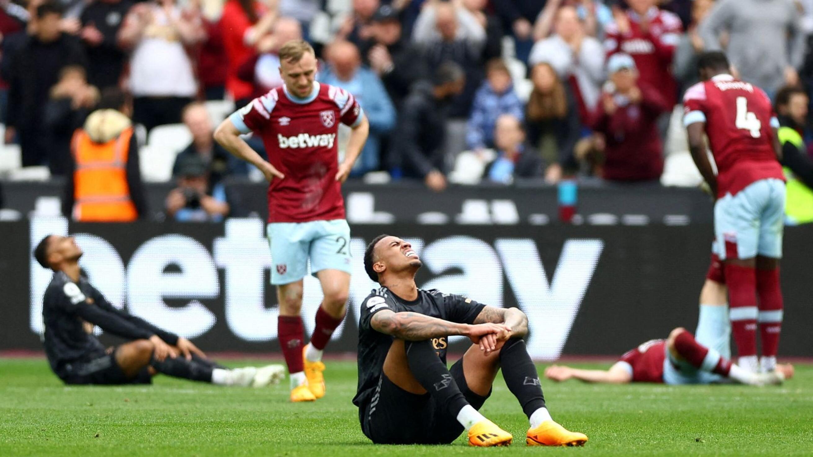 Arsenal's Gabriel looks dejected after their Premier League match against West Ham United at the London Stadium on Sunday