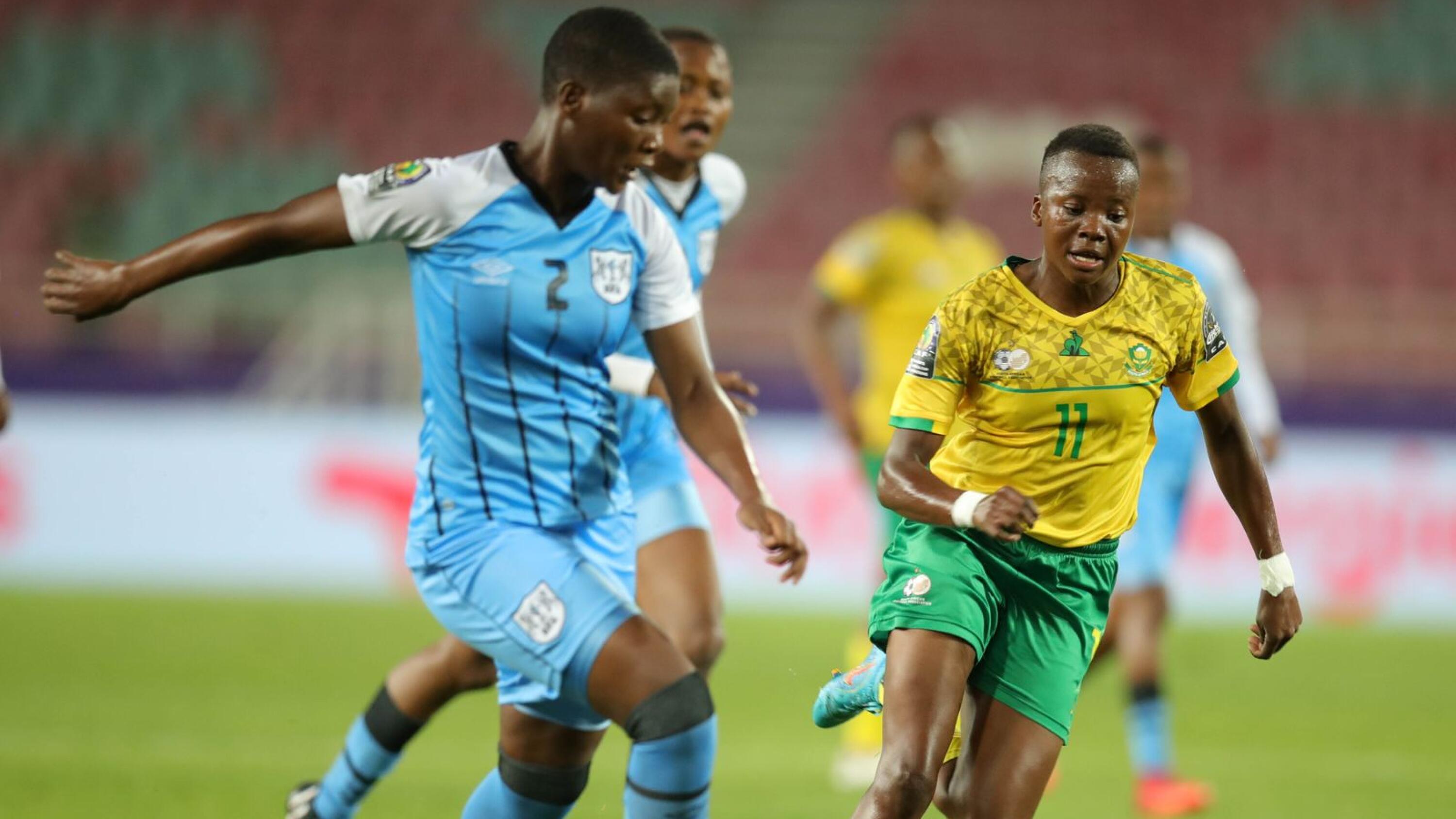 Chrestinah Thembi Kgatlana of South Africa challenged by Kesegofetse Mochawe of Botswana during the 2022 Women’s Africa Cup of Nations match at Prince Moulay Abdellah Stadium, Rabat